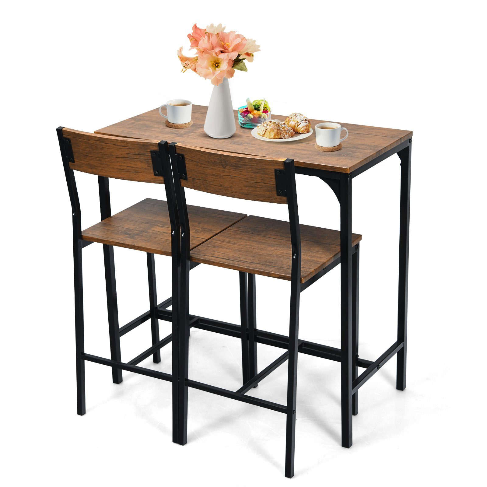 COSTWAY Bartisch, Set Esstisch (90x45x88,5cm) mit 2 Stühlen, 3 tlg., Metall