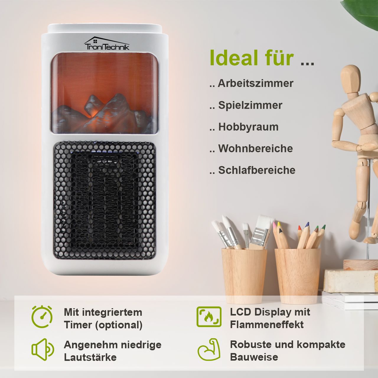 TroniTechnik Steckdosen Heizlüfter Mini, Kaminfeuereffekt LCD Display Keramik 400W