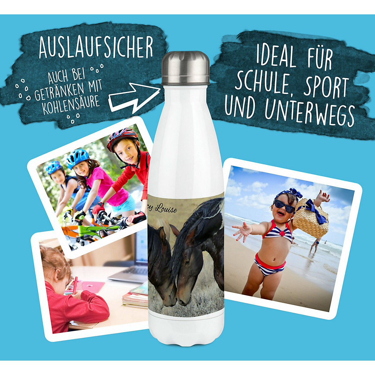 Edelstahl Kinder Thermoflasche / Trinkflasche bunt Paint Horses Spülmaschinenfest, Auslaufsicher, Bruchfest, Doppelwandig, Für Heißgetränke geeignet, Mit Deckel, Isoliert