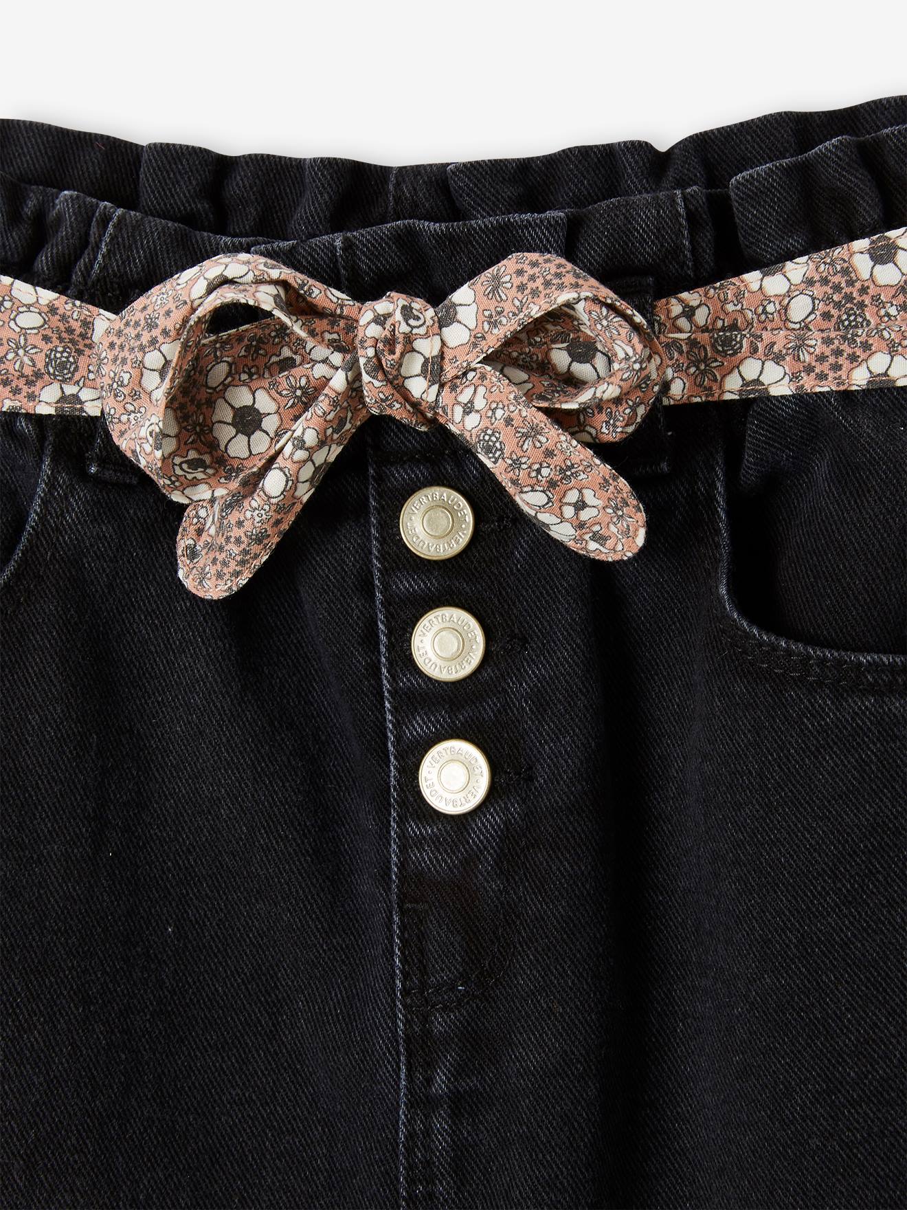 Jean style paperbag et sa ceinture fleurie fille denim black
