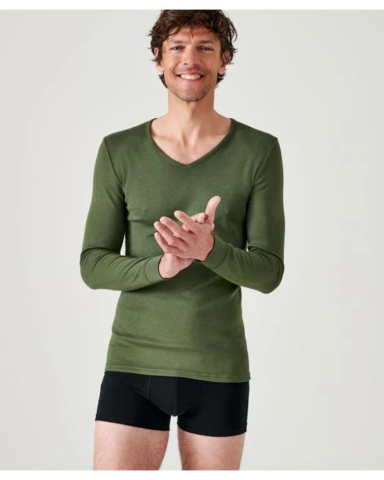 Tee-shirt col V, maille interlock Thermolactyl