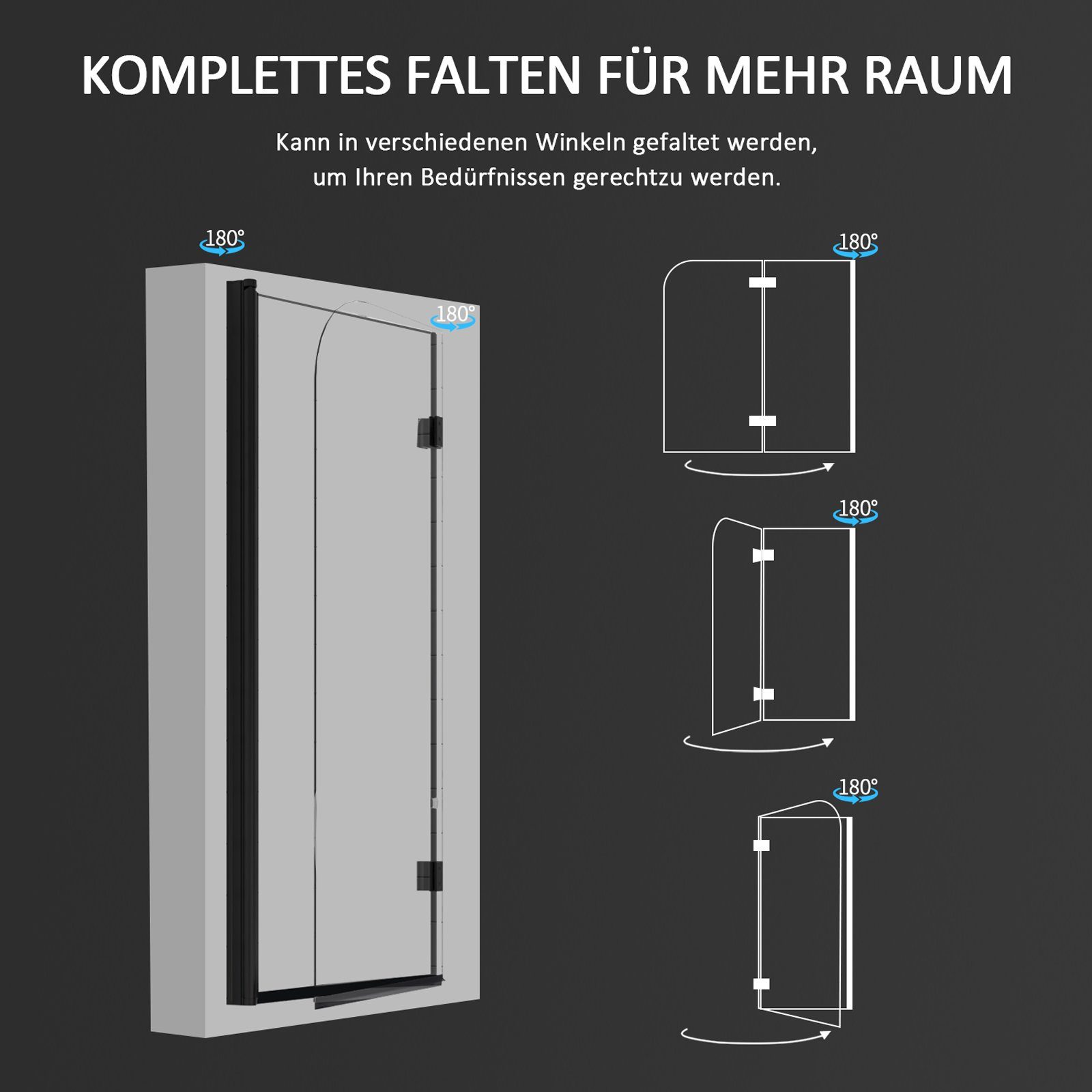 Boromal Badewannenaufsatz Duschwand Faltbar für Badewanne 120cm Schwarz 2-tlg mit 6mm ESG, Einscheibensicherheitsglas, Sicherheitsglas nach EN 12150, Wasserabweisende Nanobeschichtung