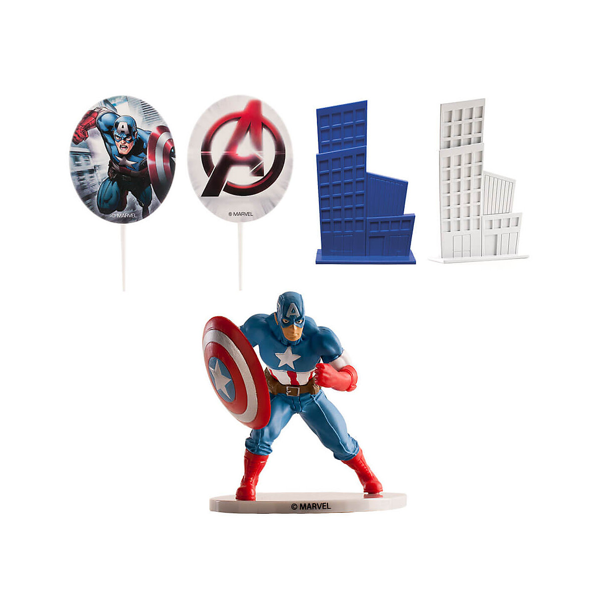 Tortendeko Set Captain America mit 2 Häusern und 2 Kerzen