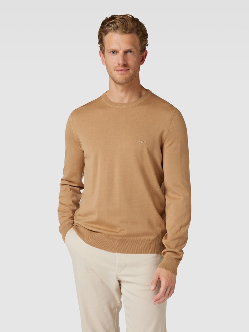 Strickpullover aus Schurwolle mit Label-Stitching Modell 'Otto' in beige