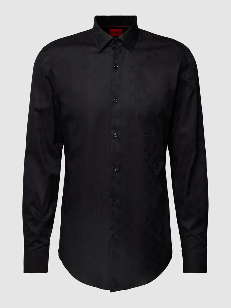 Slim Fit Business-Hemd mit Allover-Label-Muster Modell 'Kenno' in schwarz