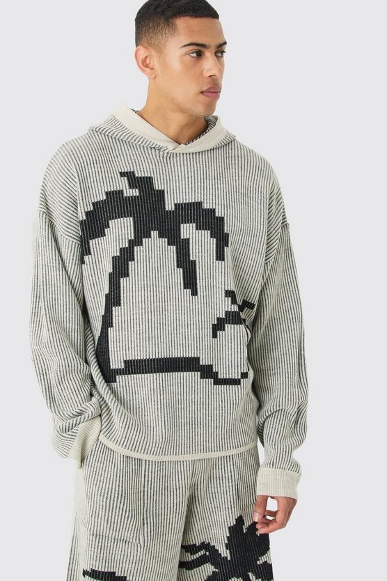 Kastiger gerippter Oversize Hoodie mit Palmen-Print