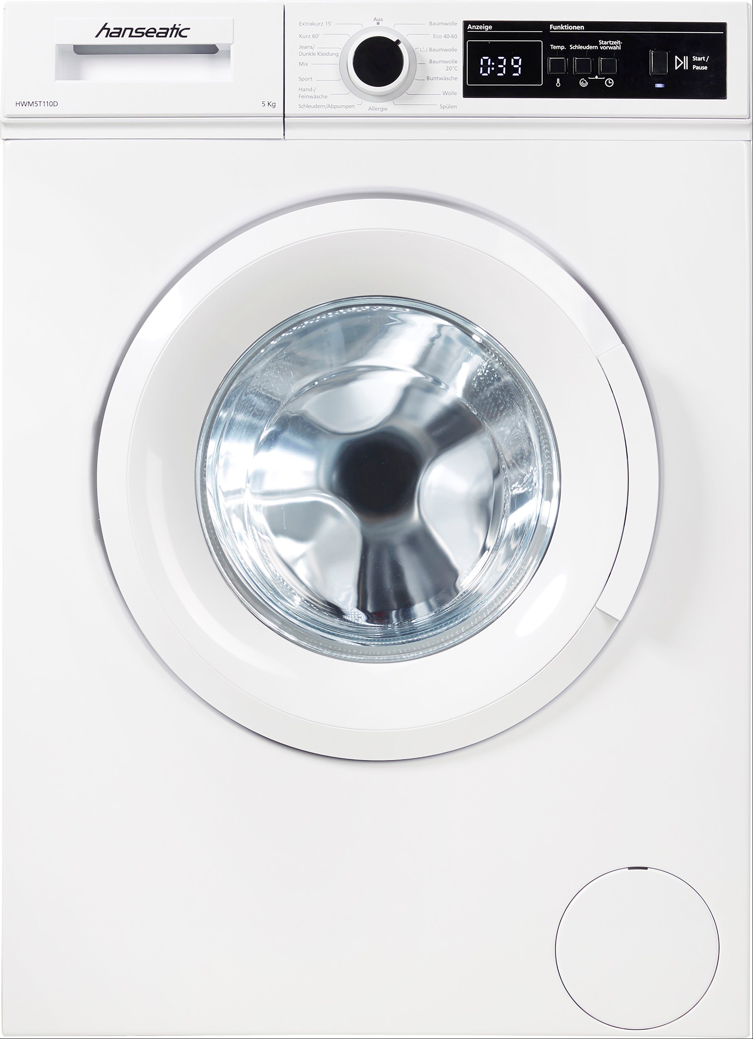 Hanseatic Waschmaschine HWM5T110D, 5 kg, 1000 U/min, Dynamische Mengenautomatik, Allergieprogramm, Überlaufschutzprogramm