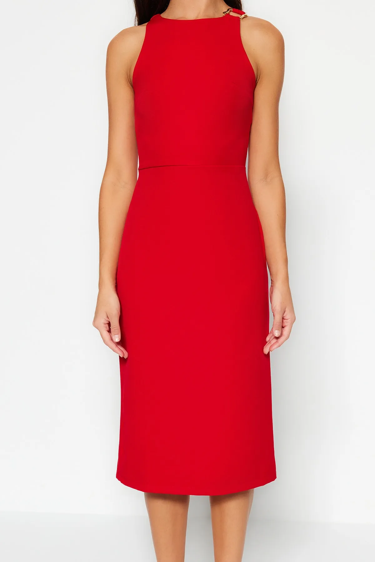 Trendyol Collection  Rotes Accessoire, detailliertes, tailliertes/tailliertes Midi-Webkleid TWOSS23EL02115