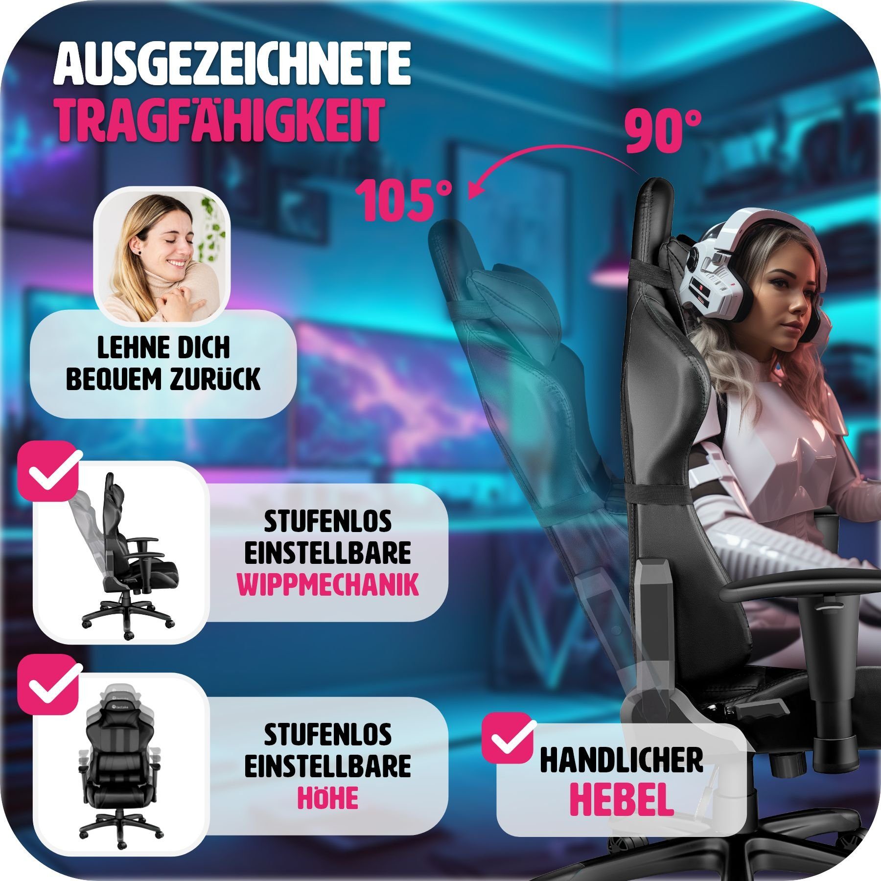 tectake Gaming-Stuhl Premium Racing Bürostuhl mit Streifen (1er, 1 St), Rückenlehne bis 105° verstellbar
