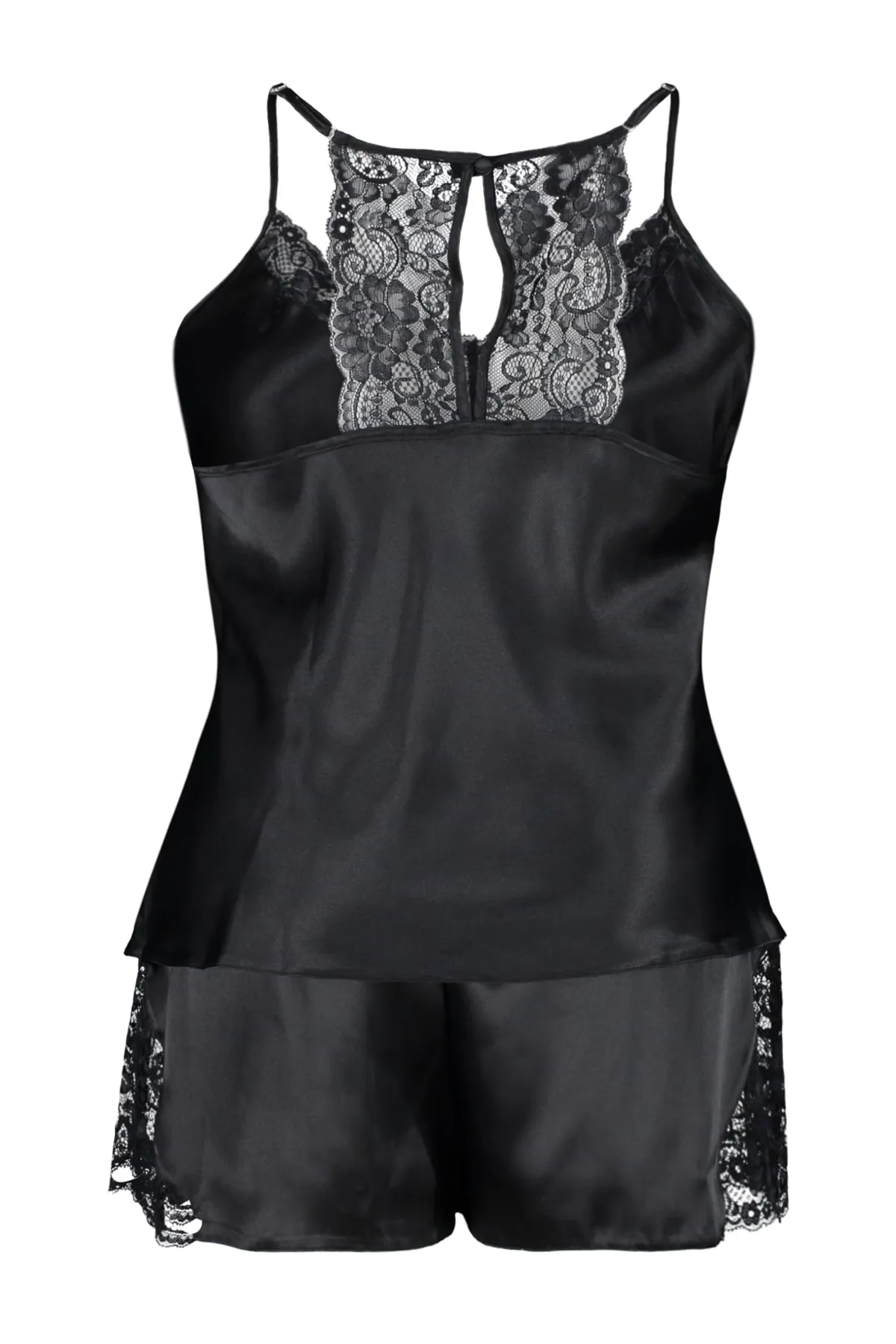 Trendyol Curve  Schwarzes Pyjama-Set aus gewebtem Satin mit Spitzendetails TBBSS23AI00020