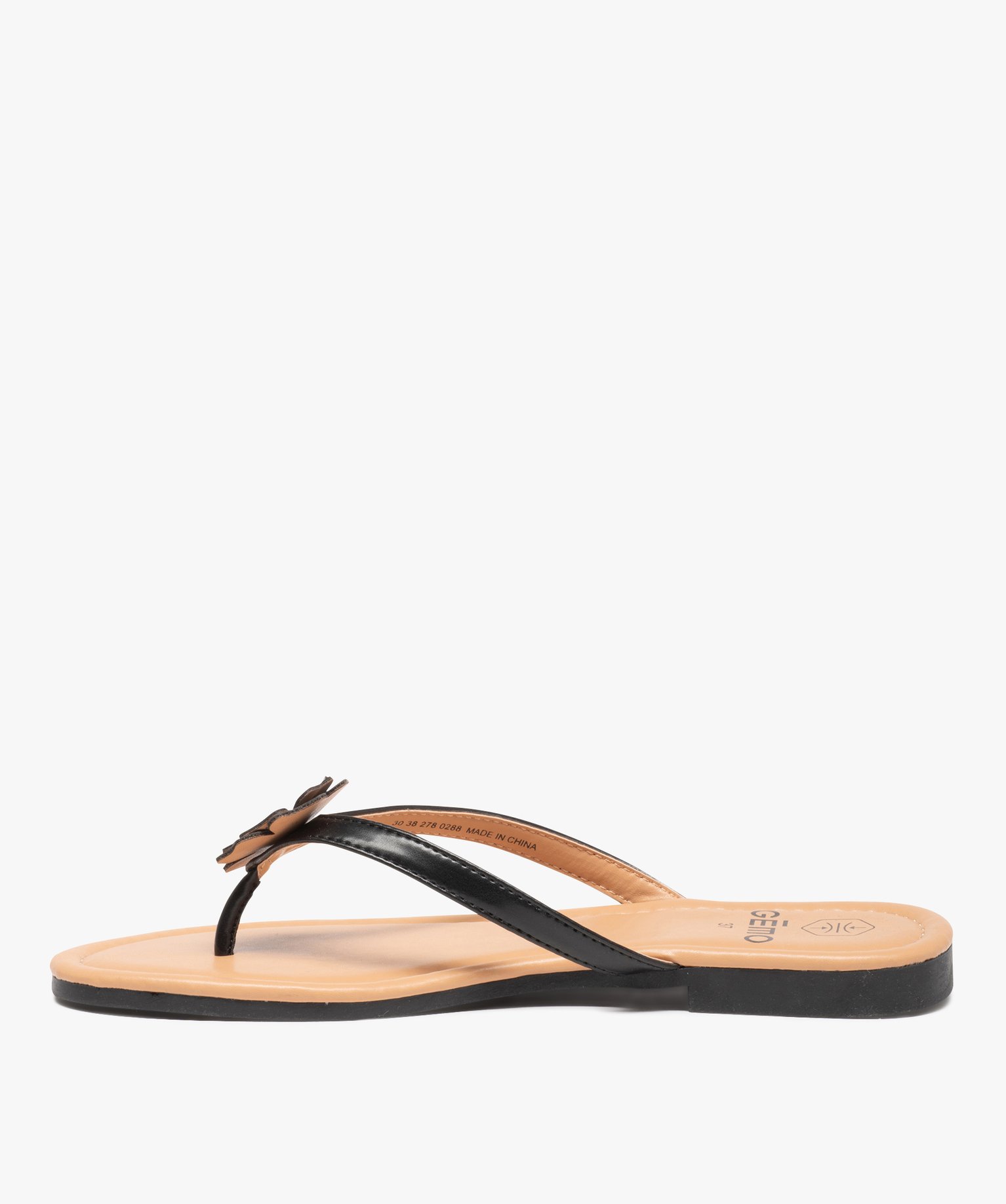 Tongs femme à petit talon plat et fleur sur l’entre-doigts noir | GEMO