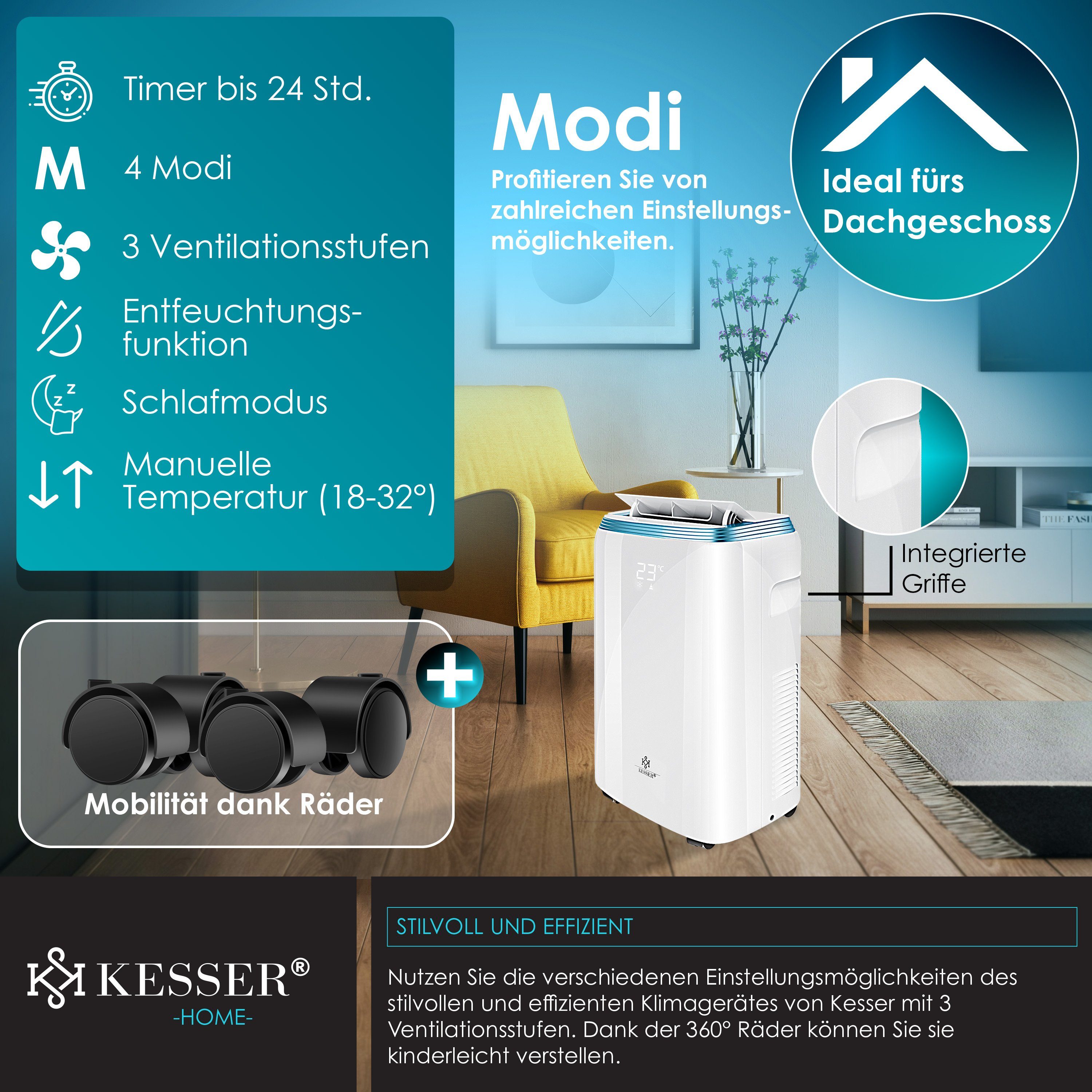 KESSER Klimagerät, Klimaanlage mit Touch-Display - 4 Mod - Timer und Nachtmodus