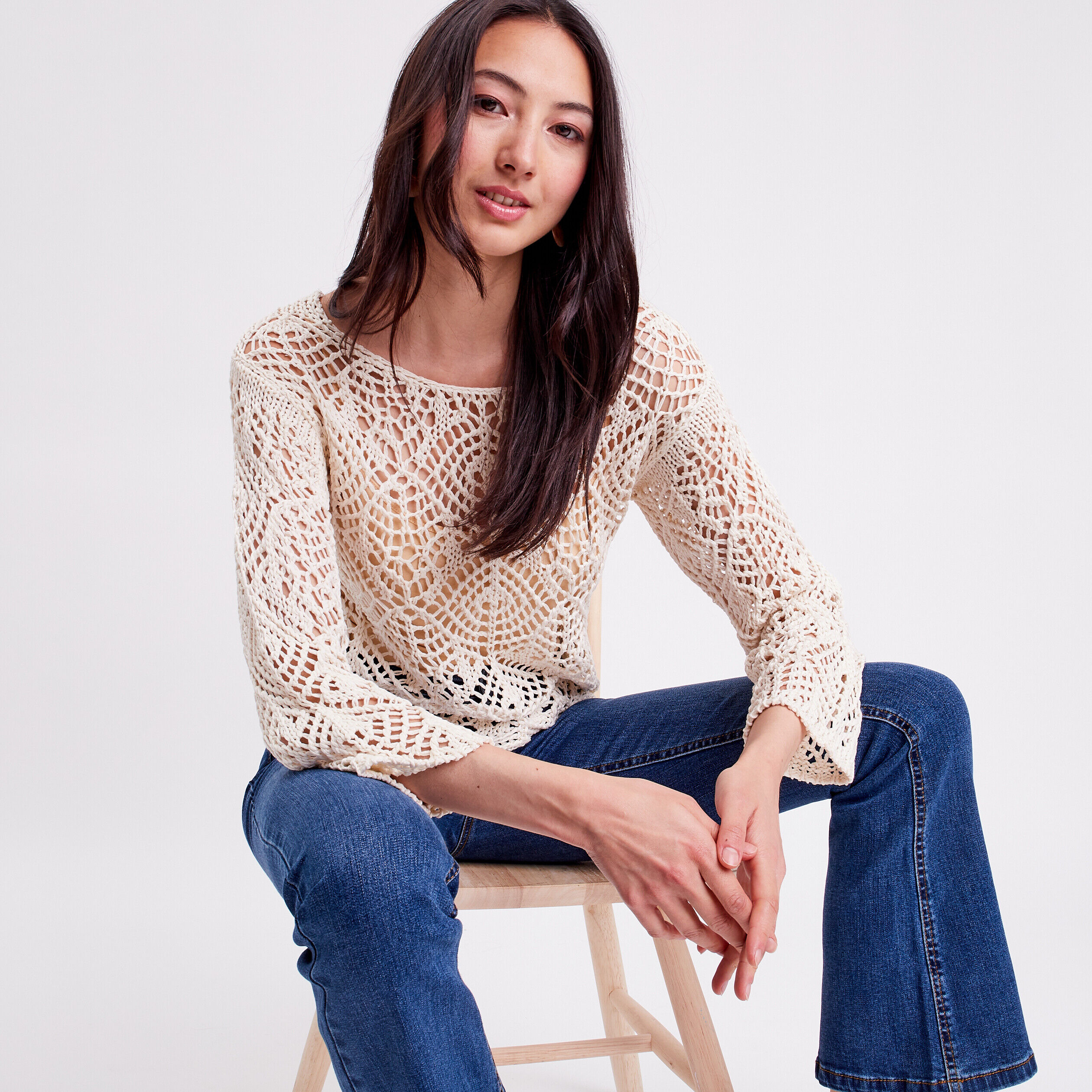 Pull crochet manches longues ivoire femme | Cache Cache