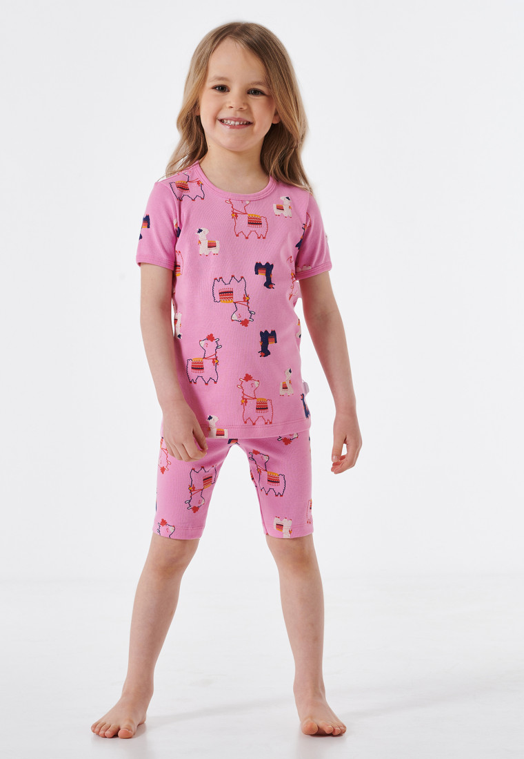 Schlafanzug kurz Feinripp Alpakas rosa - Girls