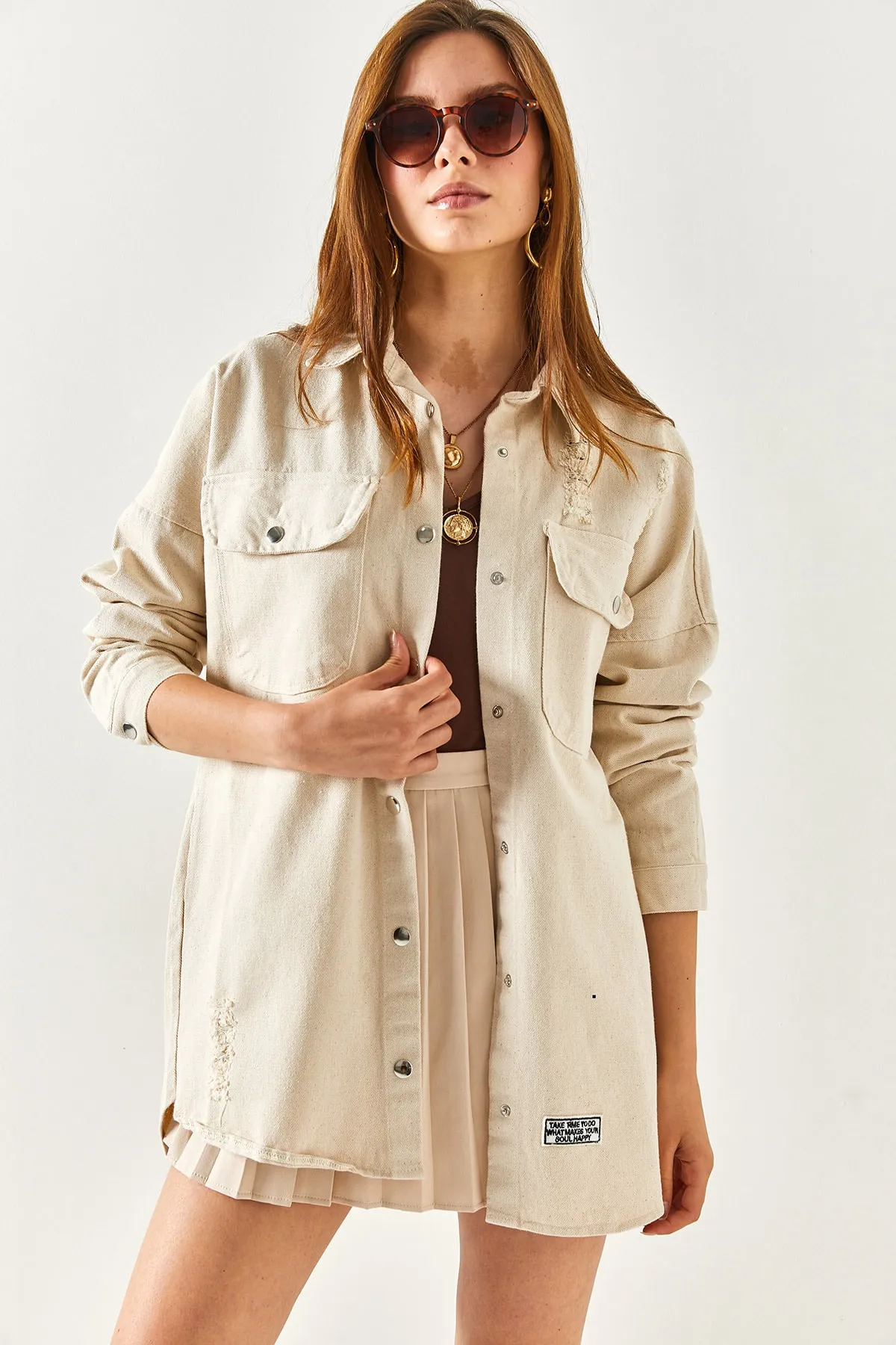 Olalook  Dickes Damenhemd mit abtrennbarem Stein und Patch-Detail CKT-19000169