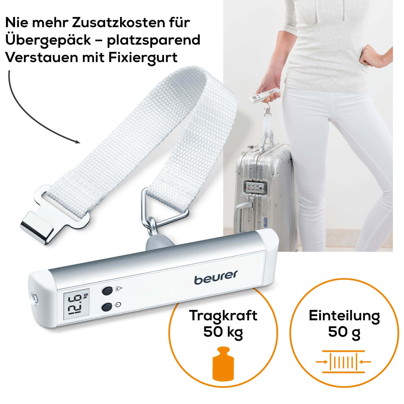 Beurer Kofferwaage LS 10-Kofferwaage mit Hold-Funktion & praktischer Taschenlampe - bis 50 kg