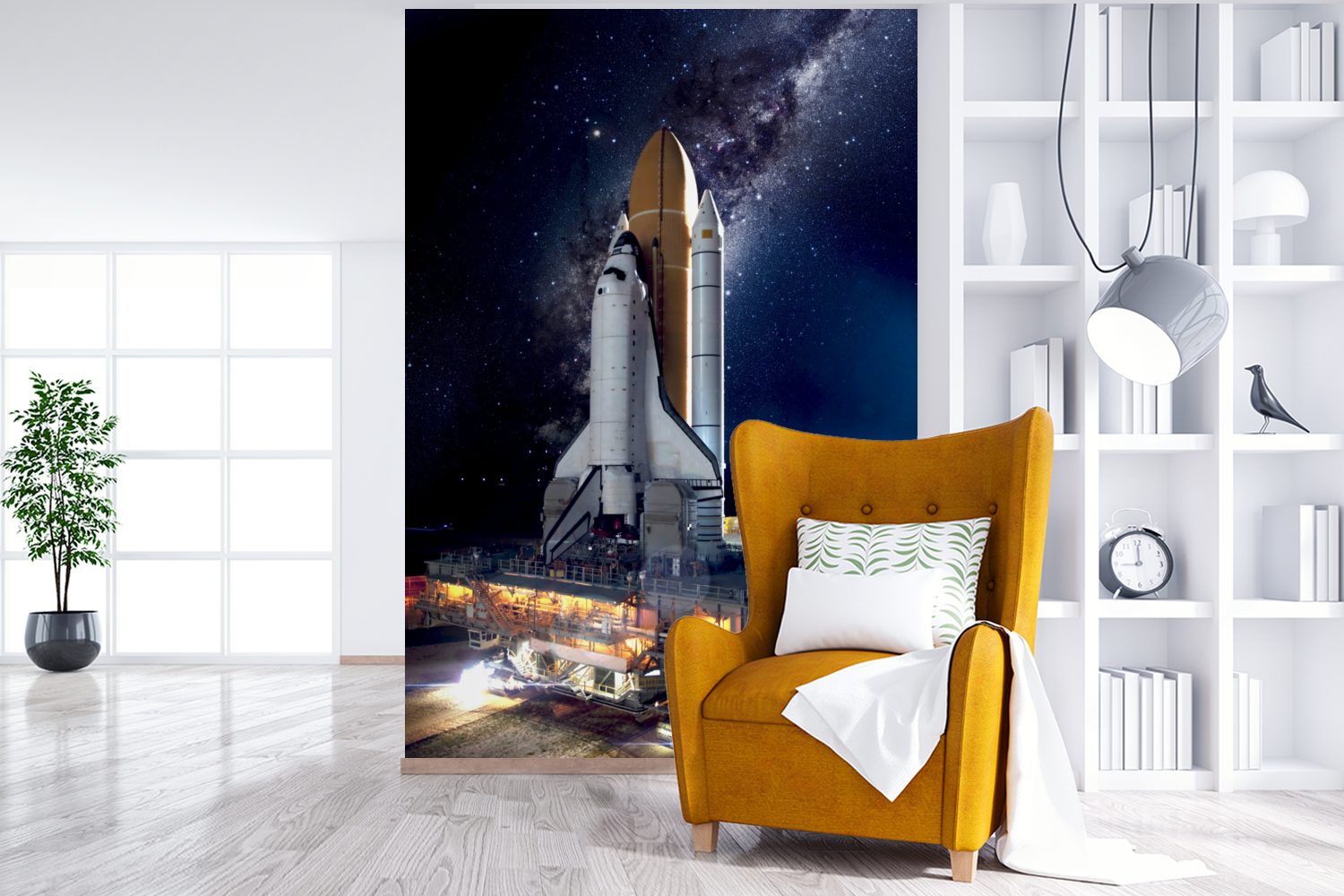 MuchoWow Fototapete Rakete - Weltraum - Sterne, Matt, bedruckt, (3 St), Montagefertig Vinyl Tapete für Wohnzimmer, Wandtapete