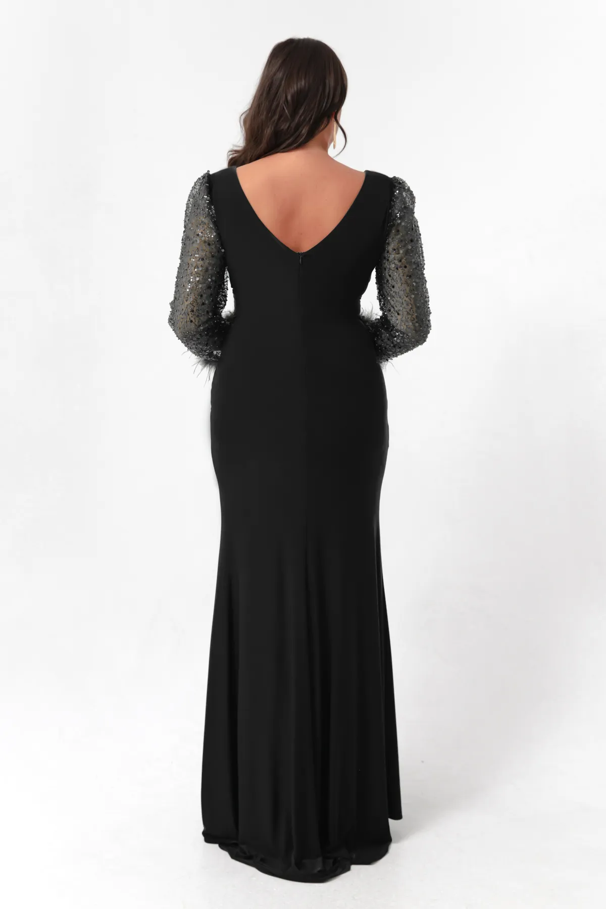 Lafaba  Schwarzes Damen-Abendkleid mit V-Ausschnitt und Steinschlitzen in Übergröße