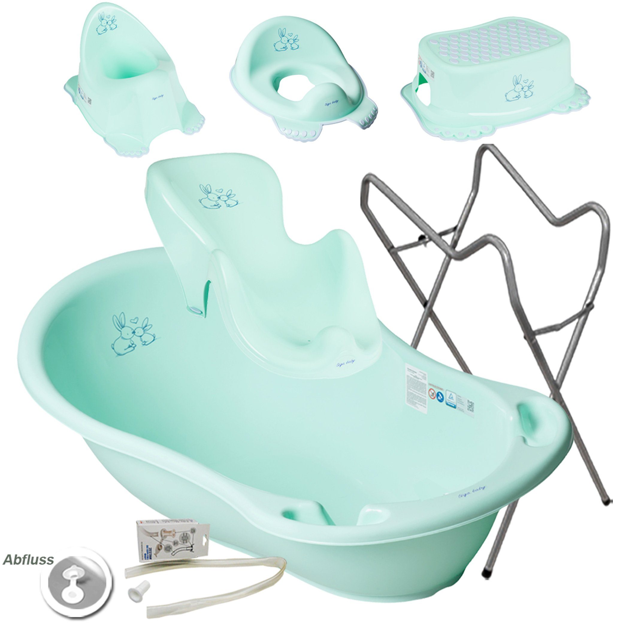 Tega-Baby Babybadewanne 6 Teile SET AB -BUNNIES + Ständer Grau - Abflussset Baby Wanne, (Premium.set Made in Europe), **Wanne+ Sitz+ Töpfchen+ WC Aufsatz+ Hocker+ Ablauf Set+ Ständer**