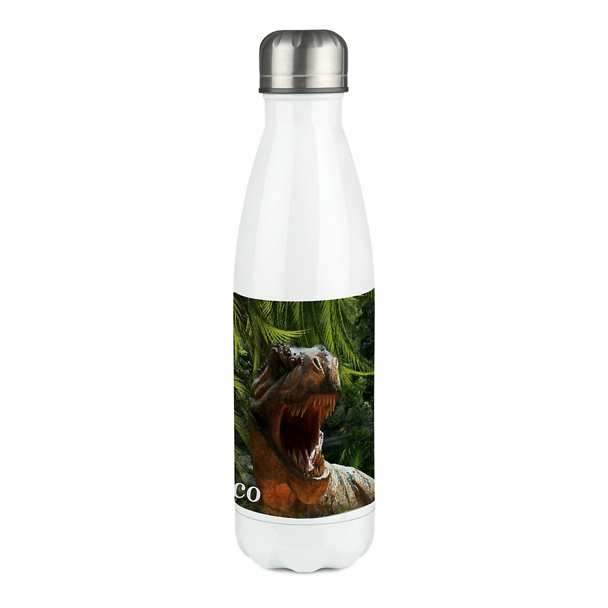 Edelstahl Kinder Thermoflasche / Trinkflasche bunt T-Rex Spülmaschinenfest, Auslaufsicher, Bruchfest, Doppelwandig, Für Heißgetränke geeignet, Mit Deckel, Isoliert