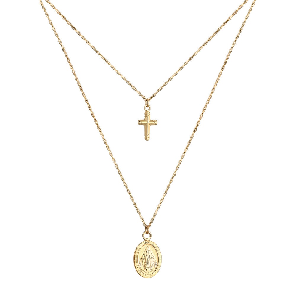 Elli Elli Collier Croix et Image de la Vierge Maire Double Rangée Collier Femme - (925 collier