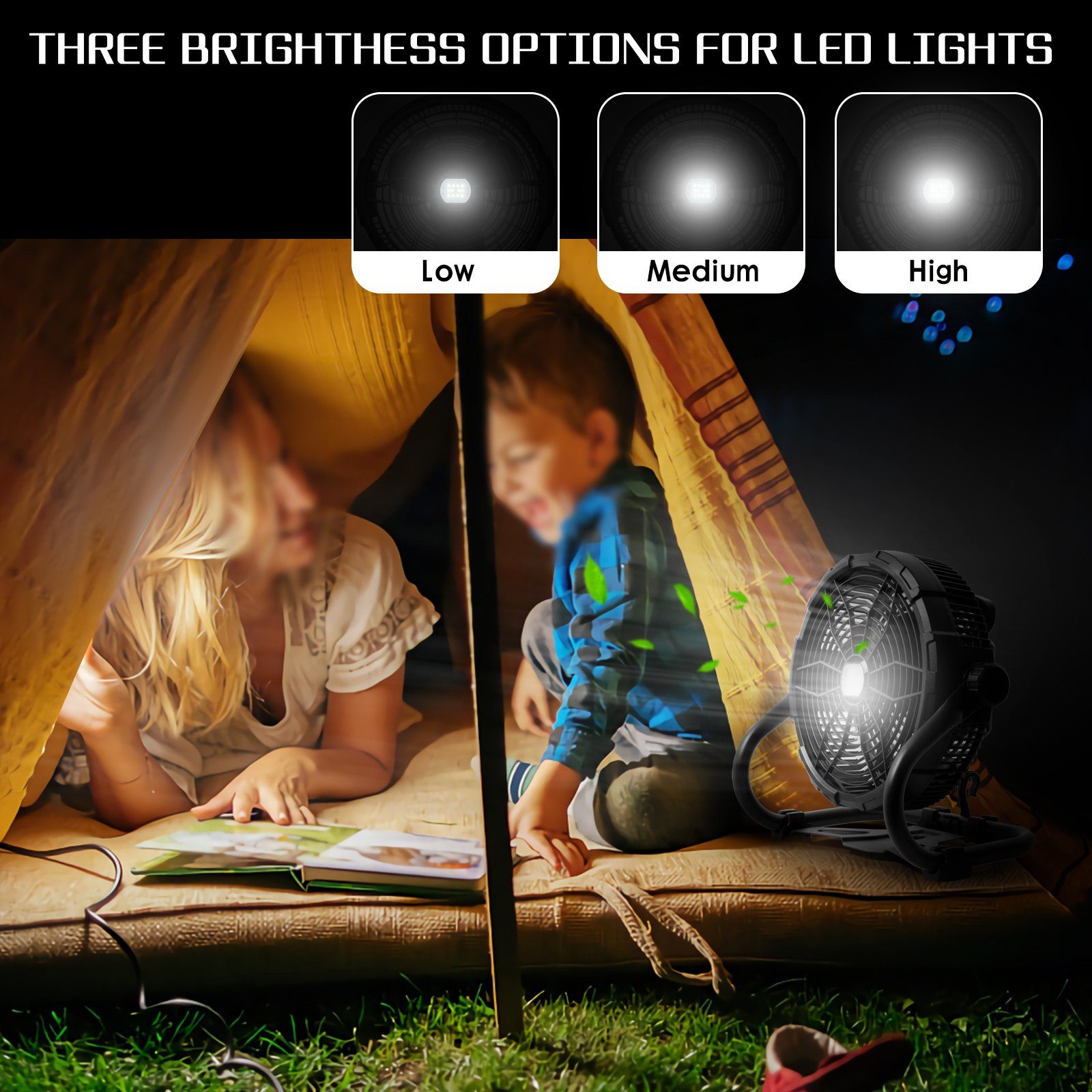 Gotoll Windmaschine GLX45BK, LED Bodenventilator Camping Lüfter 15000mAh Tragbarer Standventilator