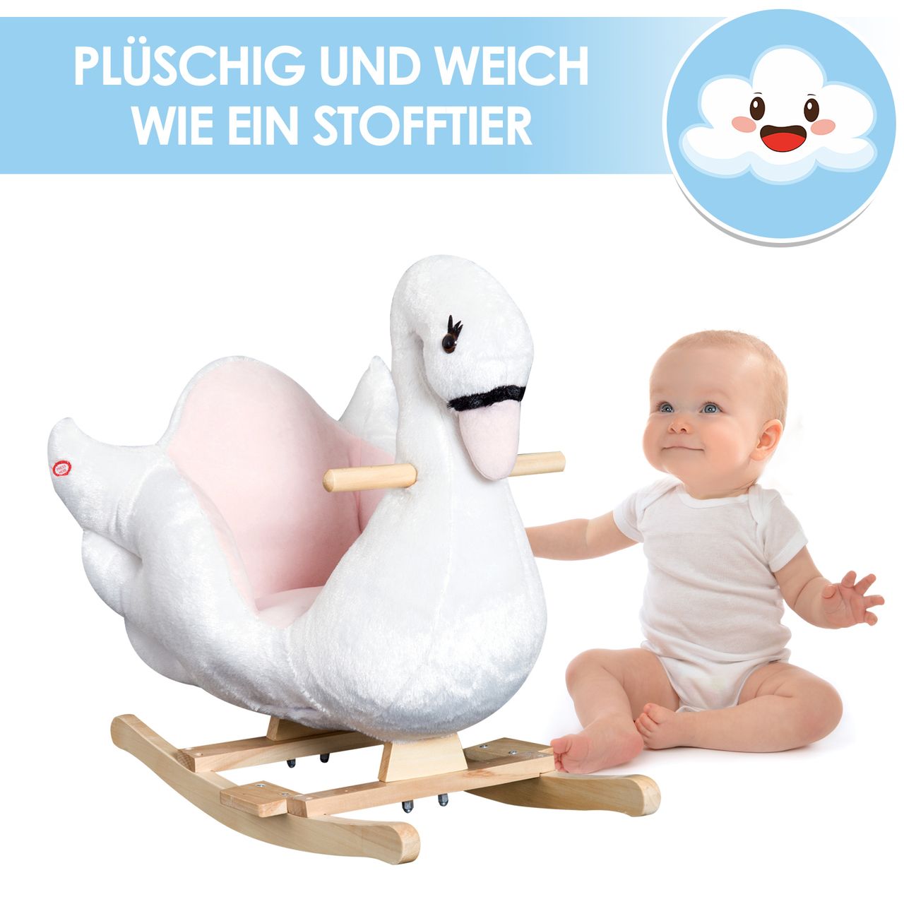HOMCOM Kinder Schaukelpferd Baby Schaukeltier Schwan mit Musik Spielzeug Haltegriffe ab 18 Monate Plüsch Rosa Weiß 60 x 32 x 55 cm