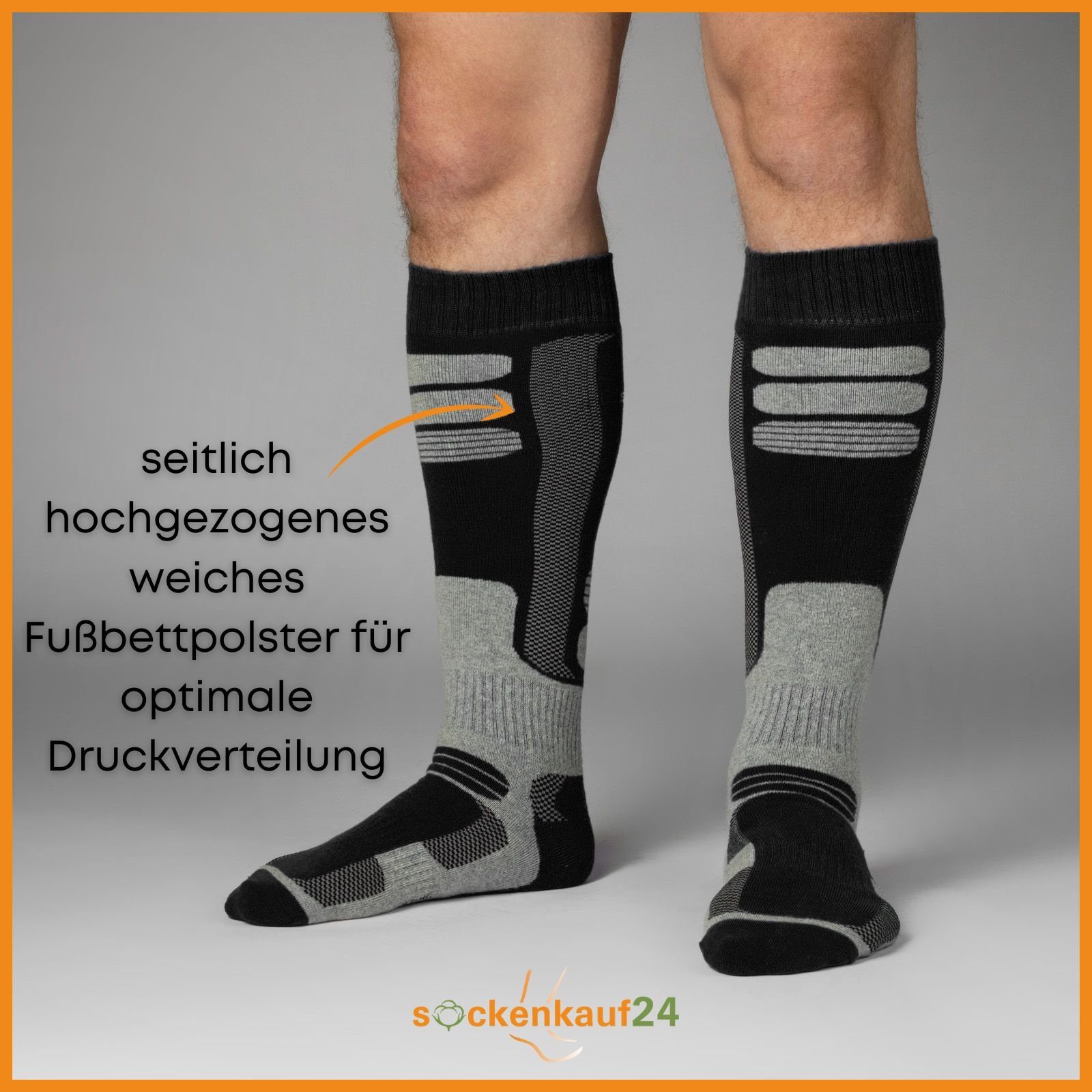 sockenkauf24 Skisocken 2 Paar Ski Strümpfe Herren & Damen Ski Socken lang (Schwarz/Schwarz, 43-46) Atmungsaktiv - 42816 WP