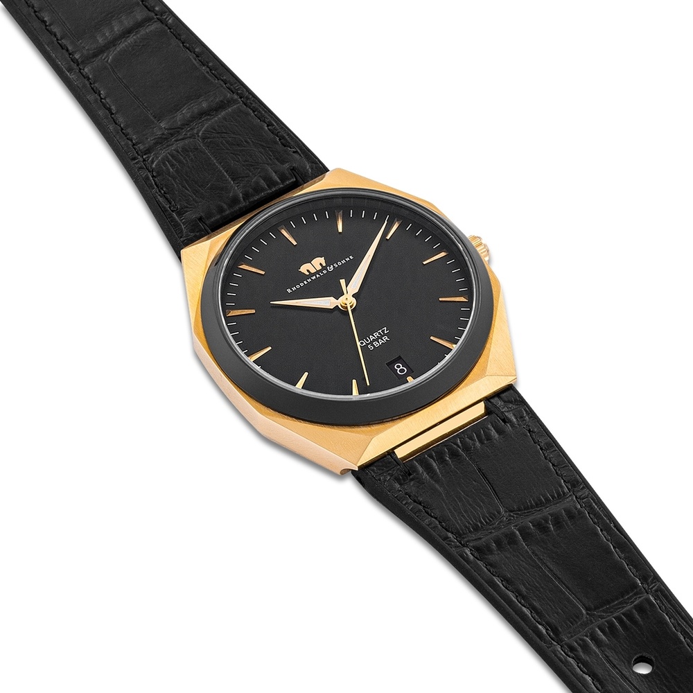 Rhodenwald & Söhne Montre à quartz Cooledge en Or jaune Cuir véritable/silicone en Noir Montre