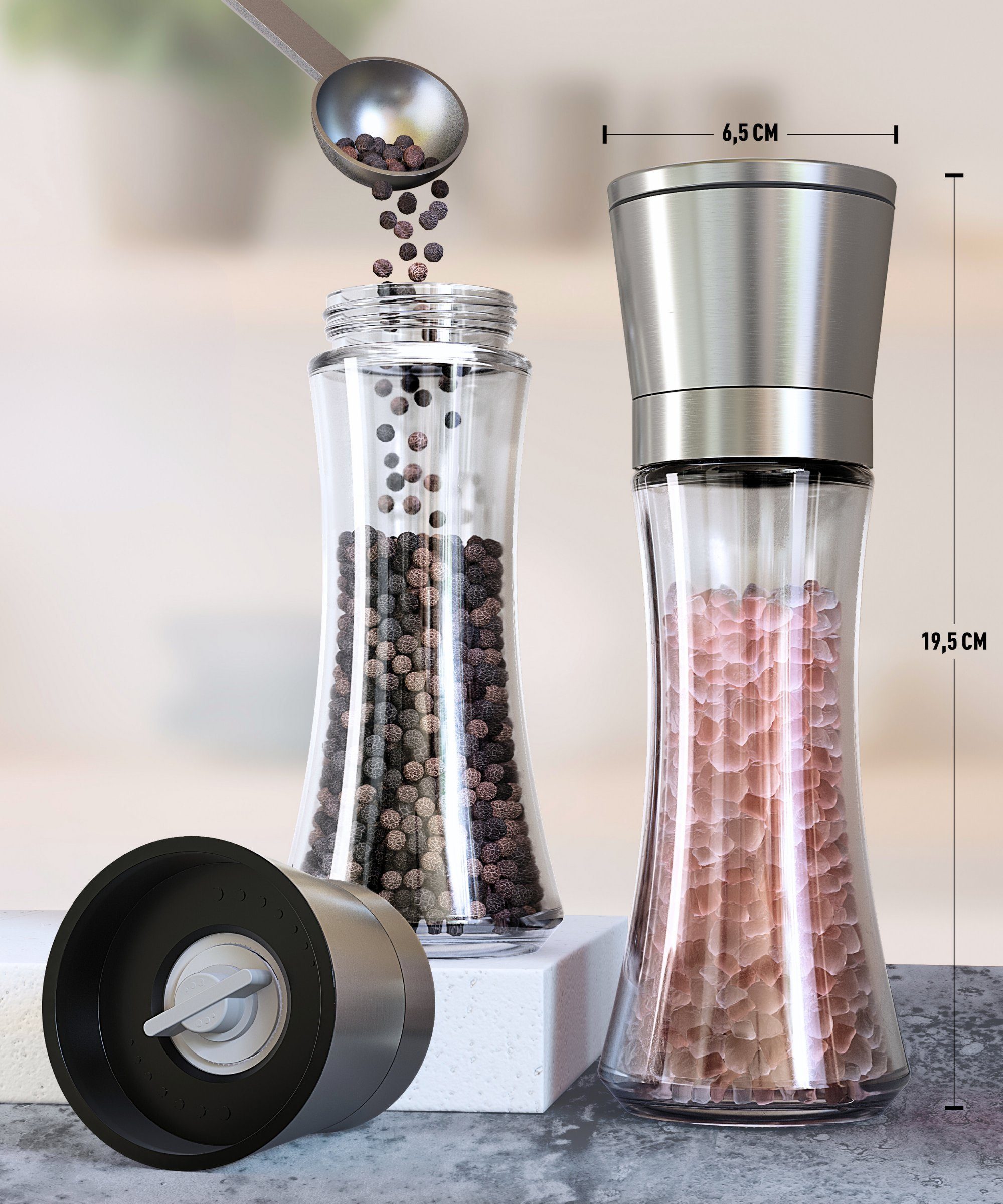 Hannah's Homebrand Salz-/Pfeffermühle mit individueller Einstellung grob bis fein (2er-Set) manuell, Robuste Salzmühle und Pfeffermühle mit extrem harten Keramik-Mahlwerk
