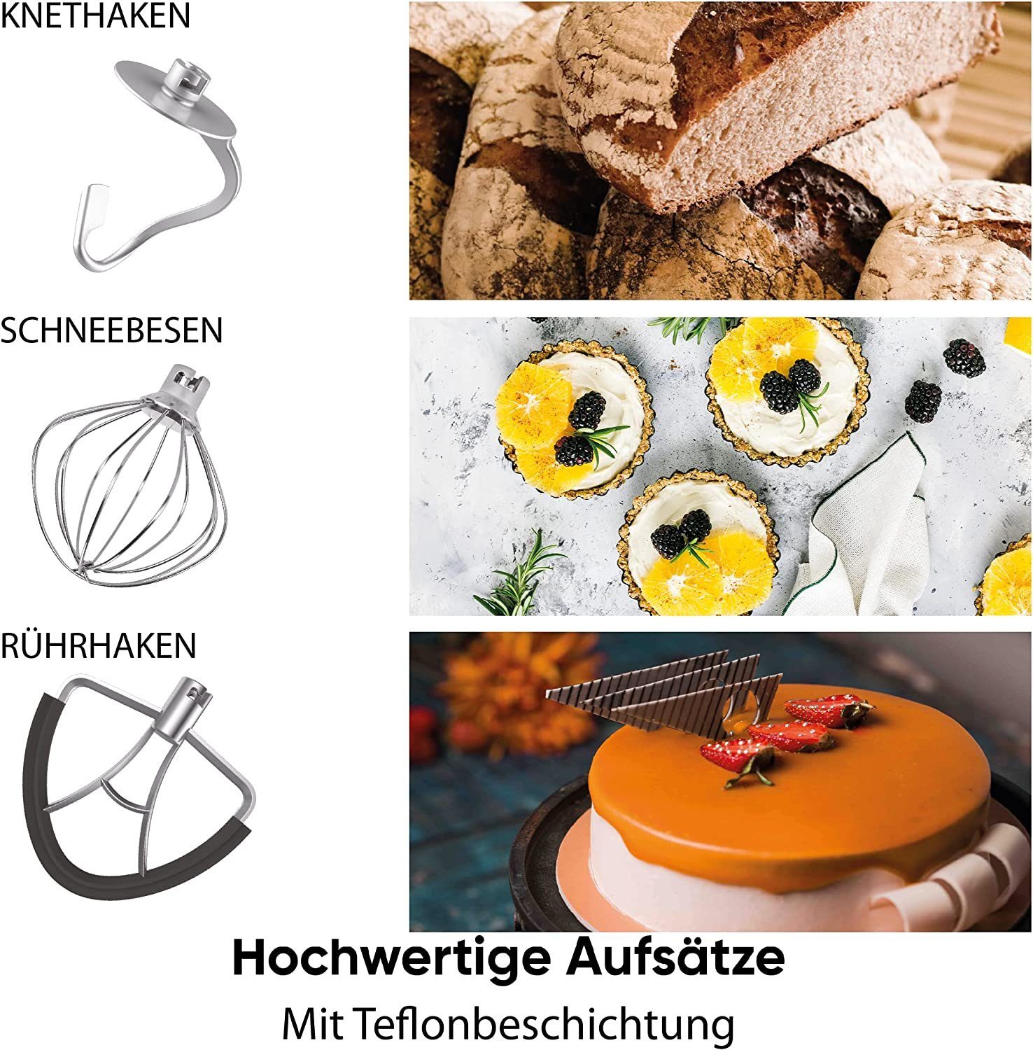 Heinrich´s Multifunktions-Küchenmaschine HKM 8078, 1500 W, 8,00 l Schüssel, Teigmaschine Knetmaschine Rühren/Kneten 3 Aufsätze Pulse Funktion