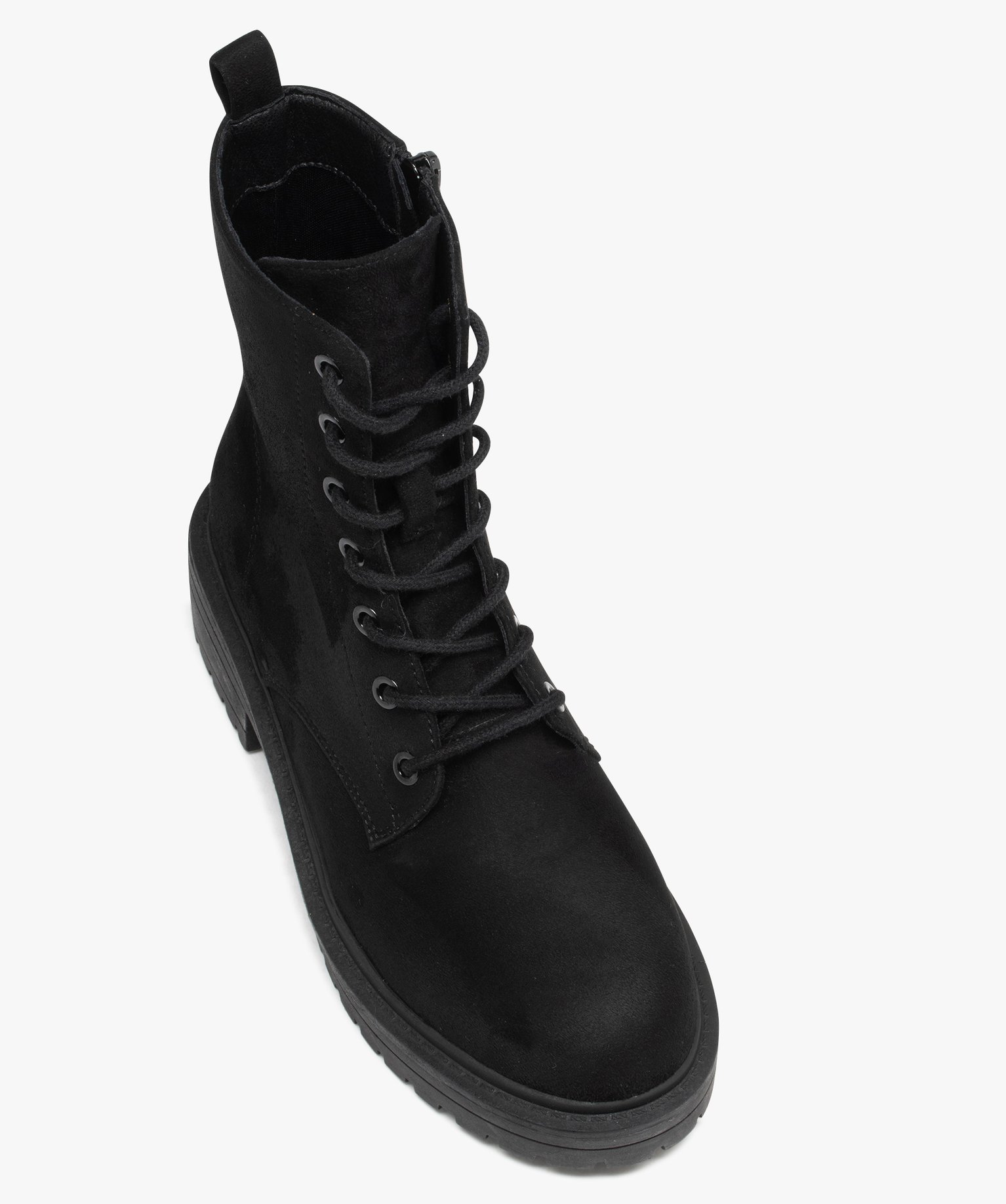 Boots femme dessus uni en suédine à zip et à lacets noir | GEMO