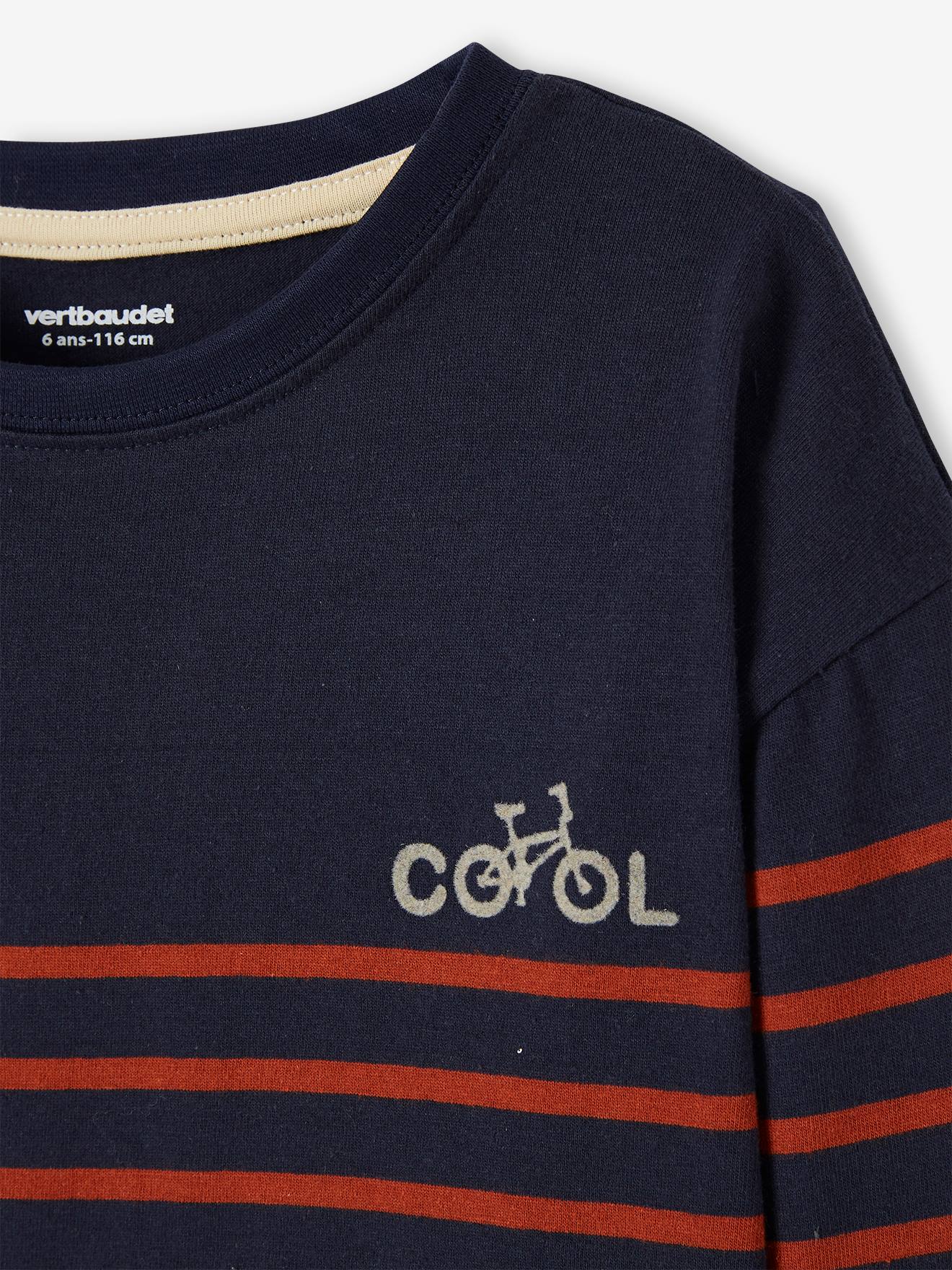 Tee-shirt marinière garçon détail flocage velours bleu nuit