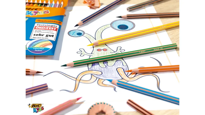 BIC Kids Tropicolors, 12er Set Kinder-Buntstifte, Malstifte ab 5 Jahre, Bruchsichere Mine & ohne Holz