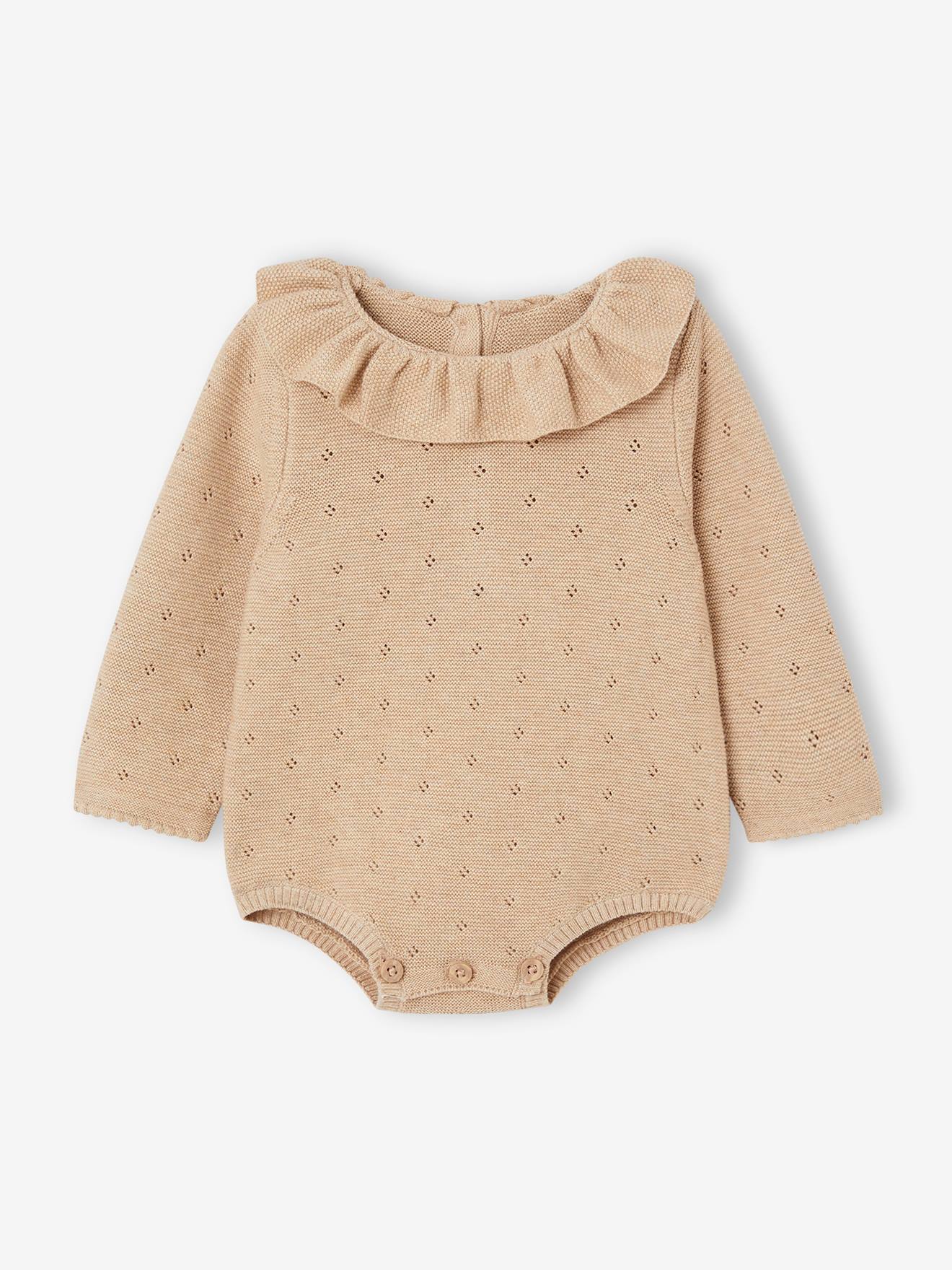 Vertbaudet Baby-Set: Strick-Kurzoverall mit langen Ärmeln & Mütze Oeko-Tex - beige meliert