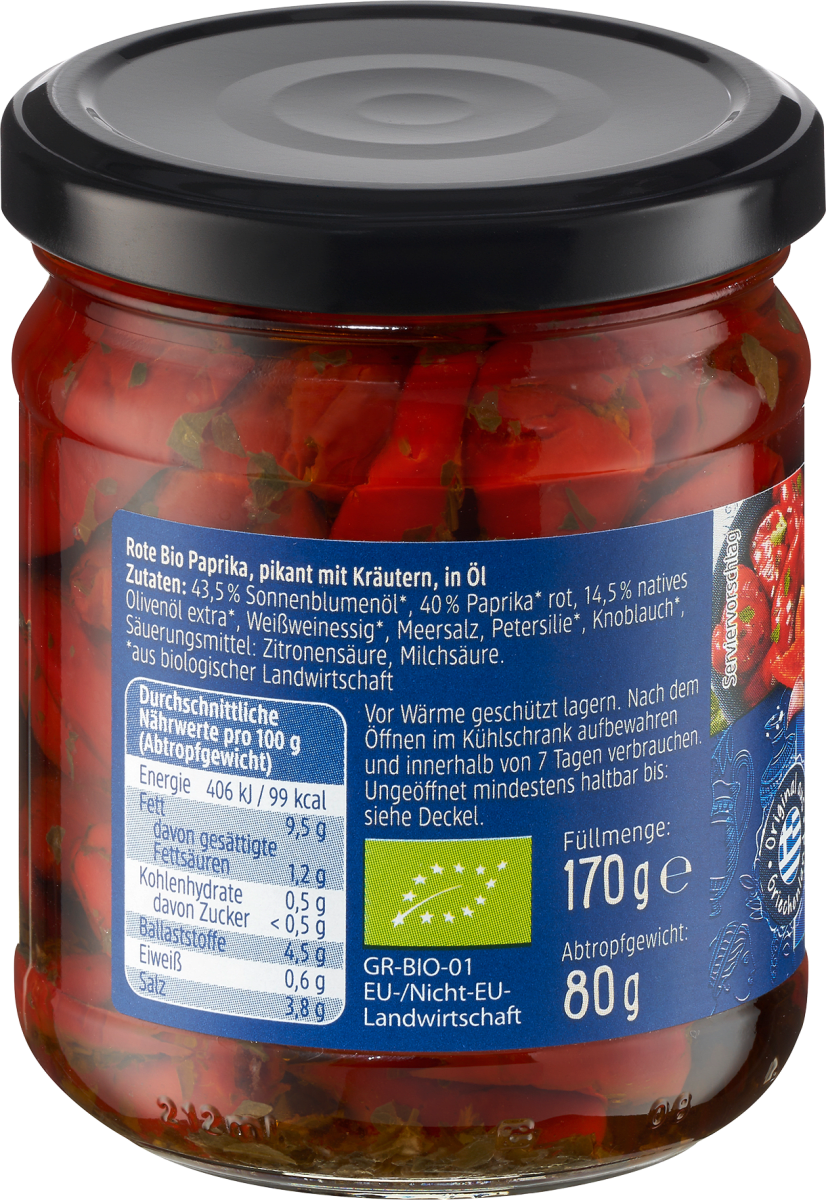 Rote Paprika in Kräuteröl, 170 g