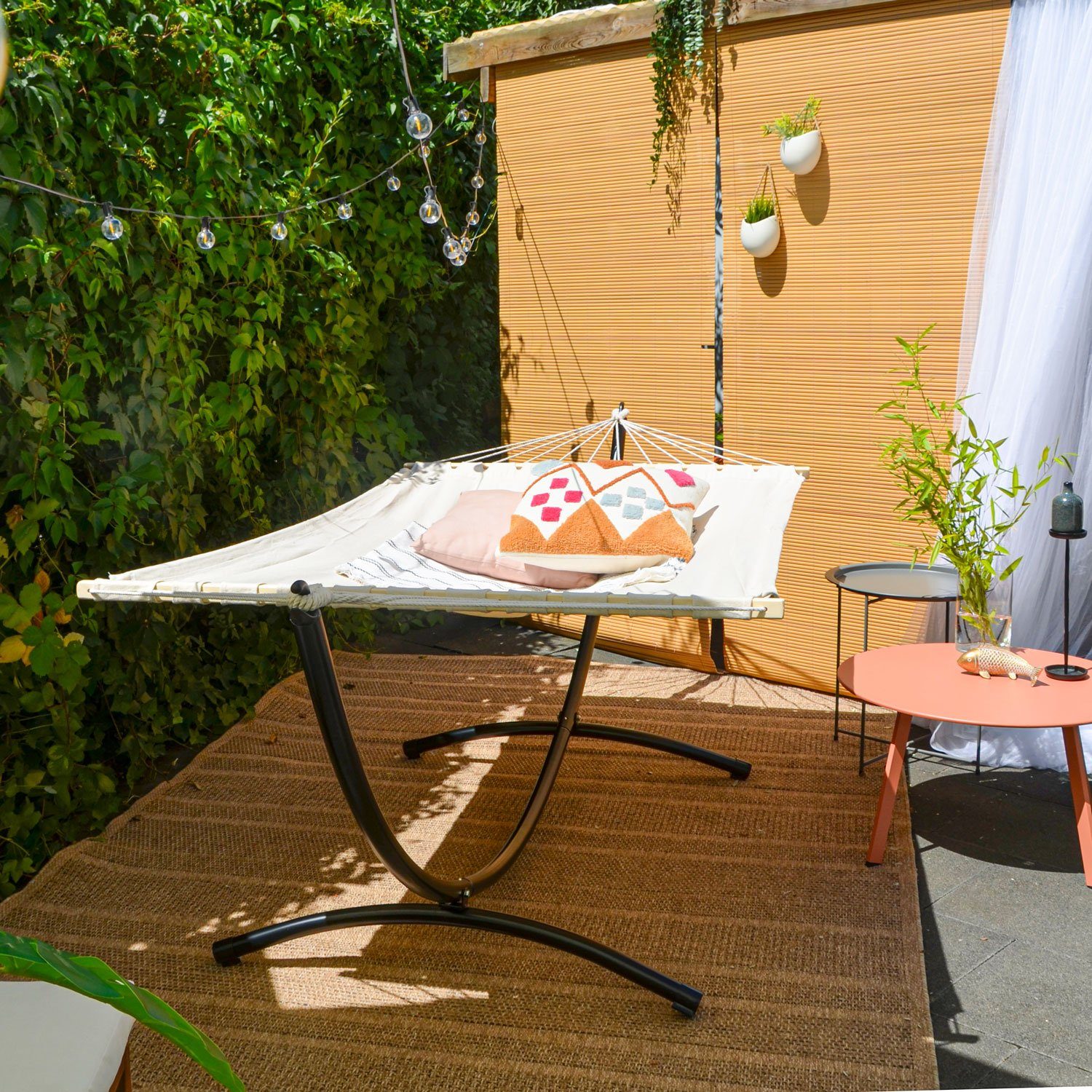 AMANKA Hängematte Doppel Hängematte mit Gestell 200x120 Garten Liege, Garten Hängeliege beige