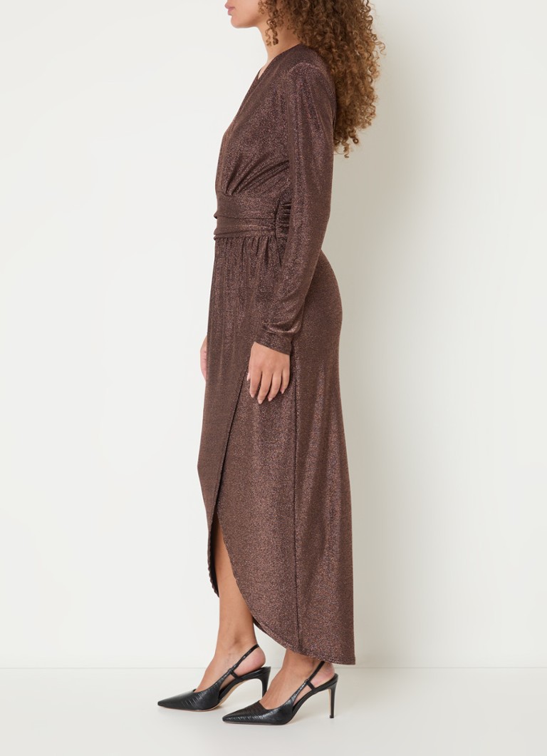 Rochie lungă de culoare espresso, cu lurex și efect încrucișat.