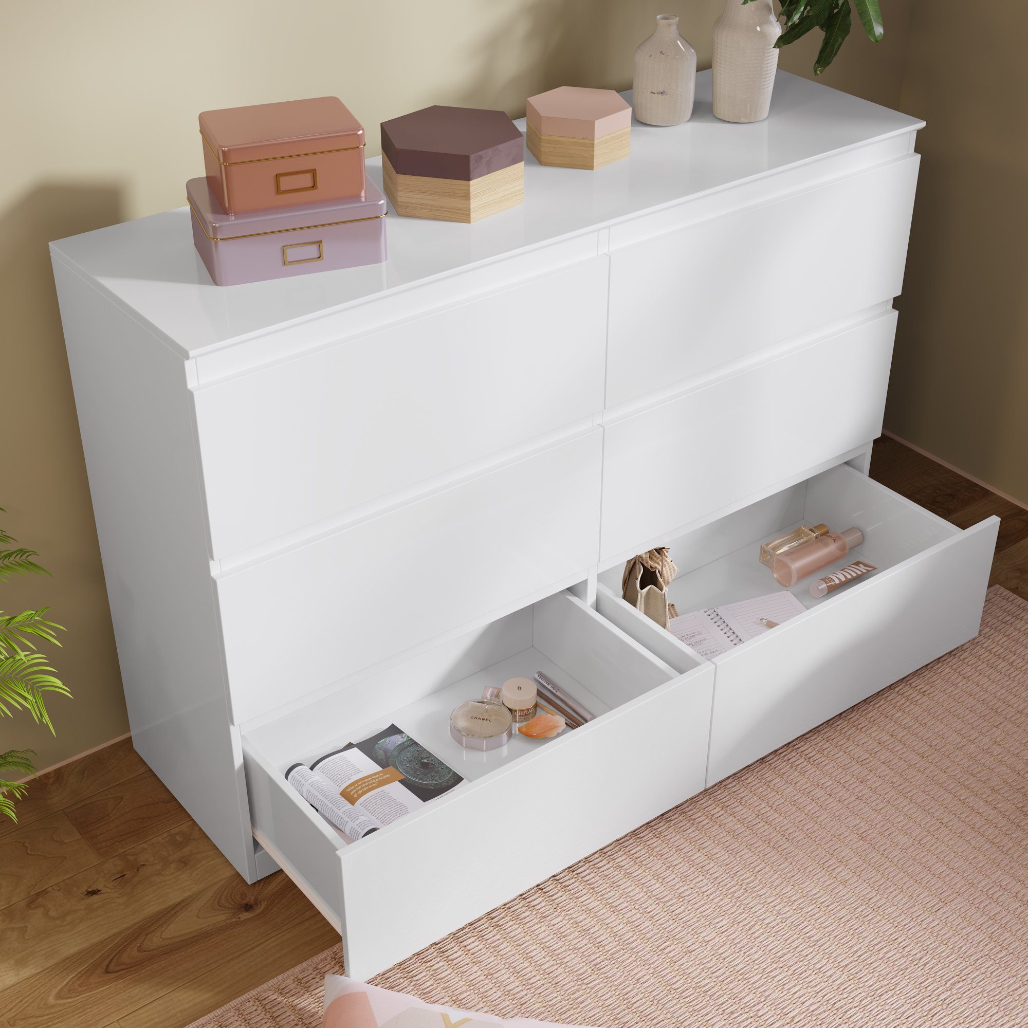 WISHDOR Sideboard Kommode (130CM HochglanzKommode Weiß -B130/T40 /H88cm, Kommode mit 6 Schubladen und LED-Spiegel 60cm), Highboard Weiss Sideboard,für Schlafzimmer & alle Wohnräume