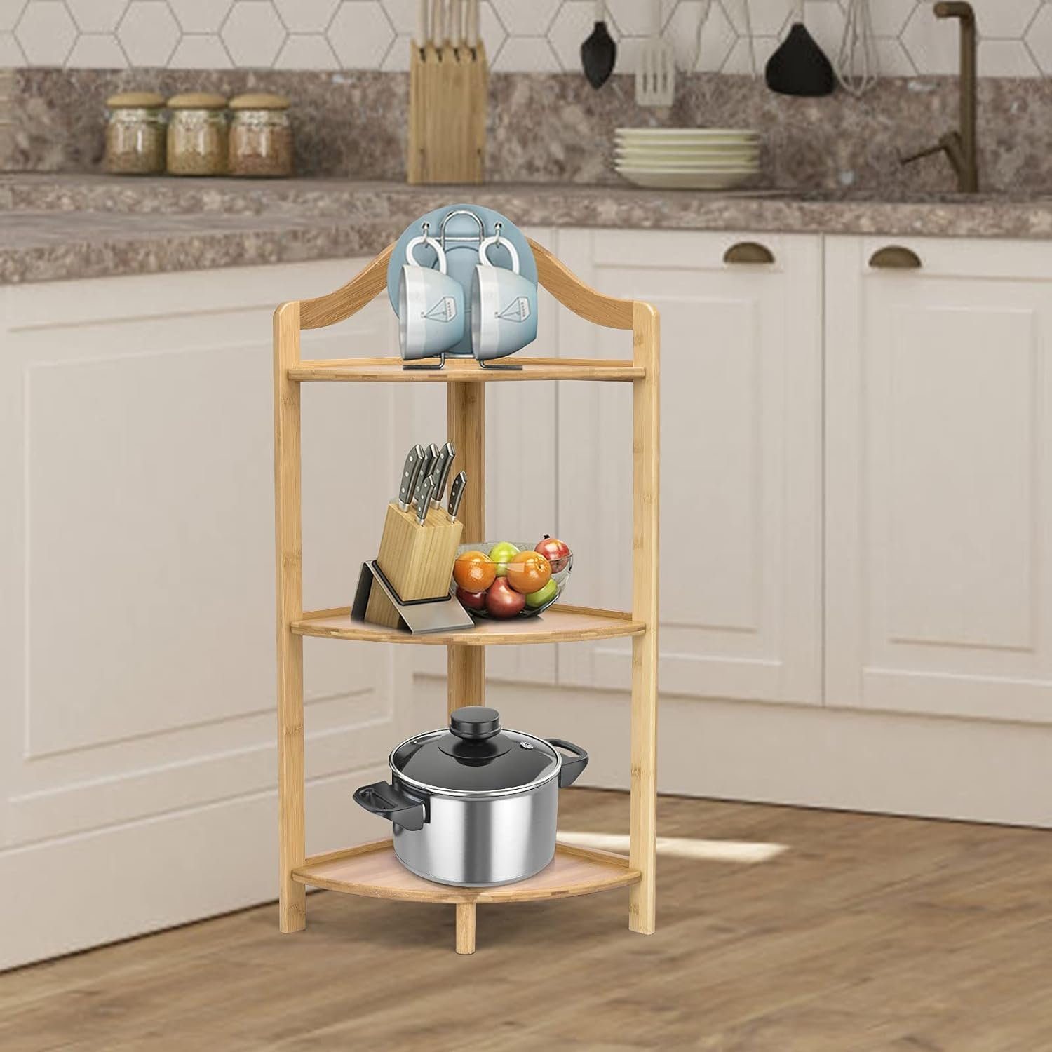 KOMFOTTEU Eckregal Standregal, mit 3 Etagen, aus Bambu, 33 × 33 × 85 cm