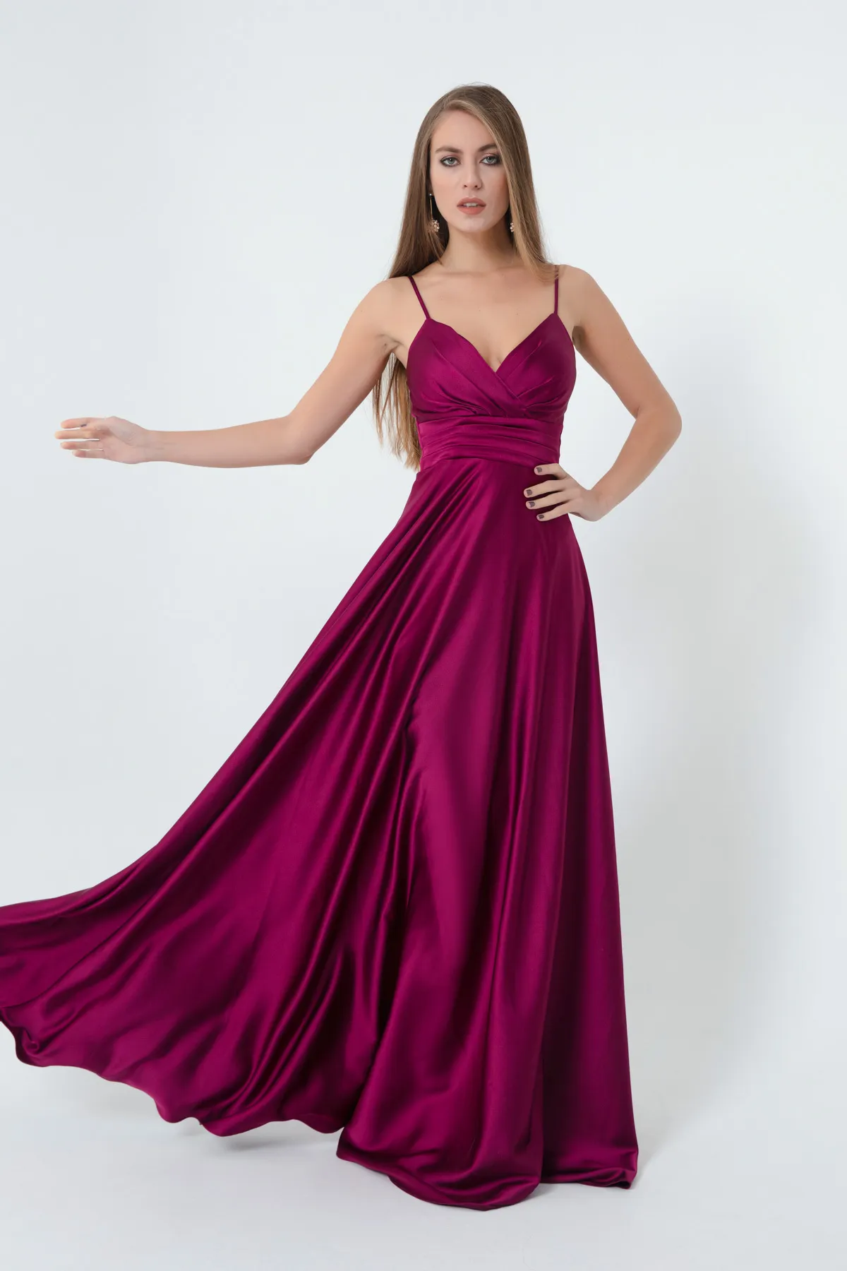 Lafaba  Pflaumenfarbenes langes Abendkleid und Abschlusskleid aus Satin mit Seilriemen und Taillengürtel für Damen