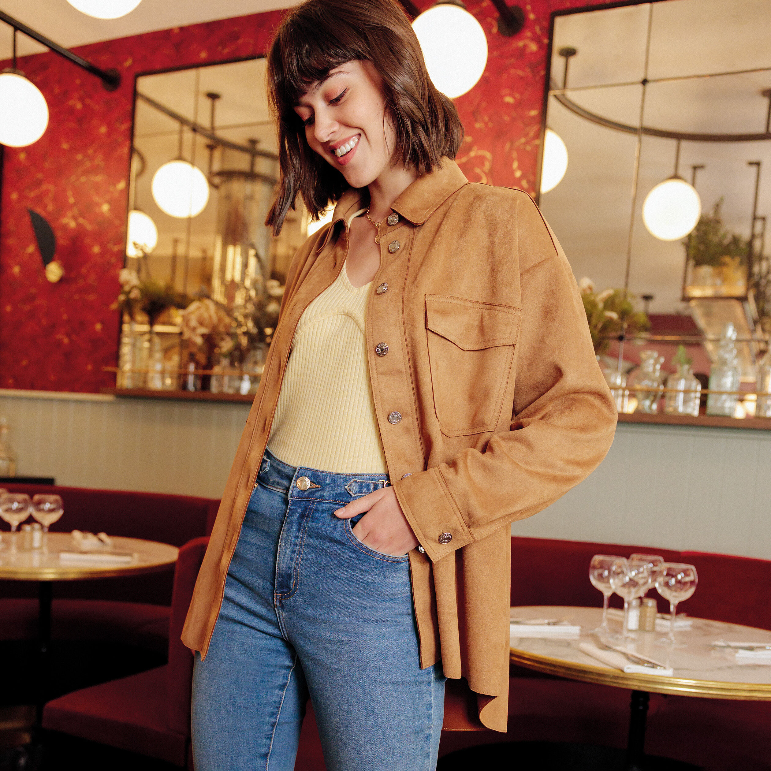 Veste droite boutonnée suédée camel femme | Cache Cache