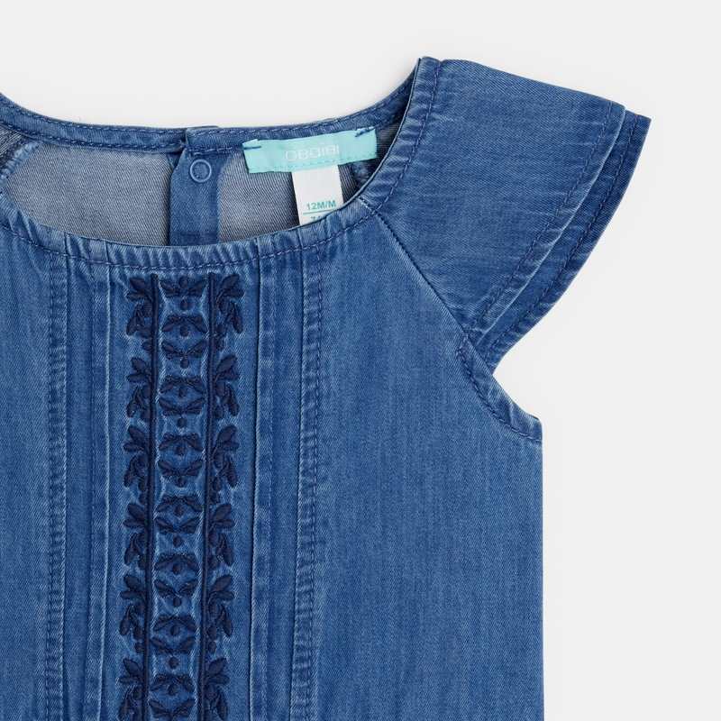Combishort en denim léger brodé bleu bébé fille