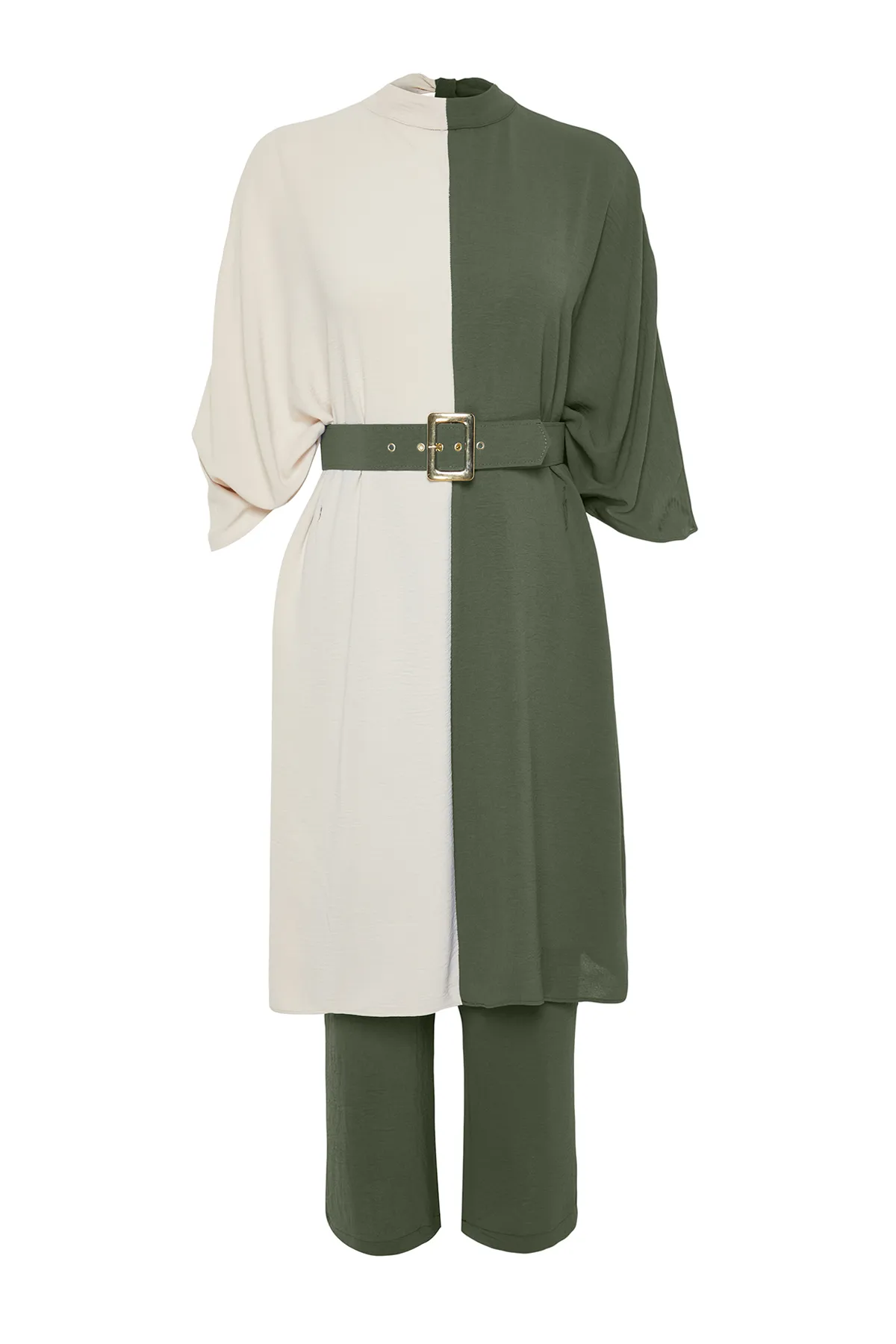 Trendyol Modest  Khakifarbener gewebter Tunika-Hosen-Anzug mit Gürtel und Farbblockierung in der Taille TCTSS23US00046