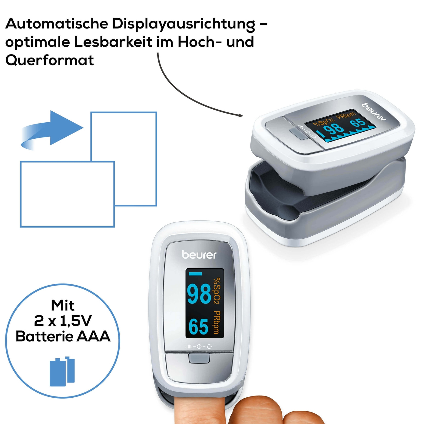 Beurer Pulsoximeter PO 30-Handliches Pulsoximeter zur Messung der Sauerstoffsättigung & Herzfrequenz