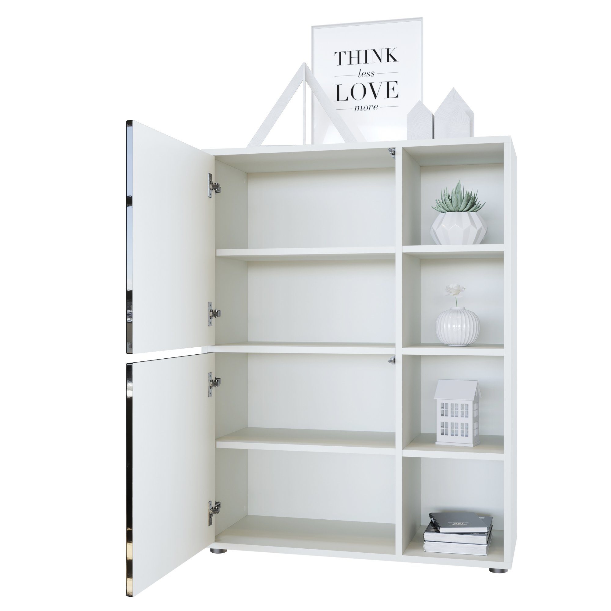 Vladon Highboard Cuba (Anrichte, mit 2 Türen und 4 offene Fächer), Weiß matt/Weiß Hochglanz (79 x 105,5 x 35,5 cm)