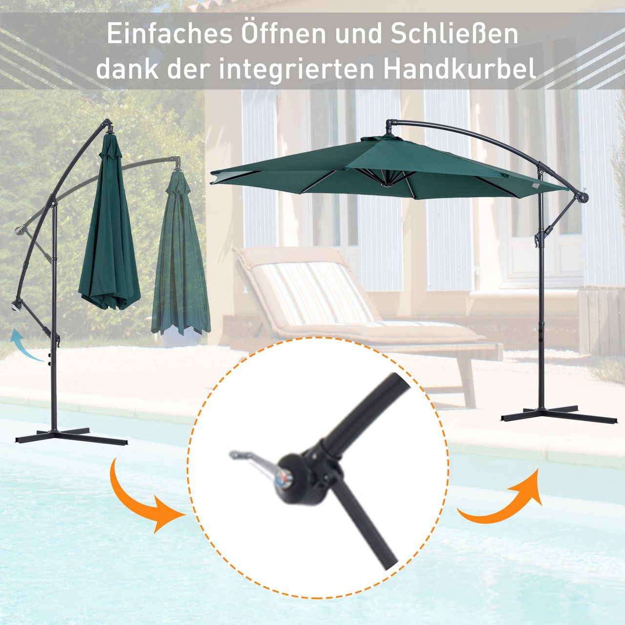 Outsunny Sonnenschirm Ampelschirm Kurbelschirm mit Handkurbel Rund, Stahlbogenstäbe und Stahl-Stehstäbe, Polyestergewebe, Grün, Ø3 x 2,5H m