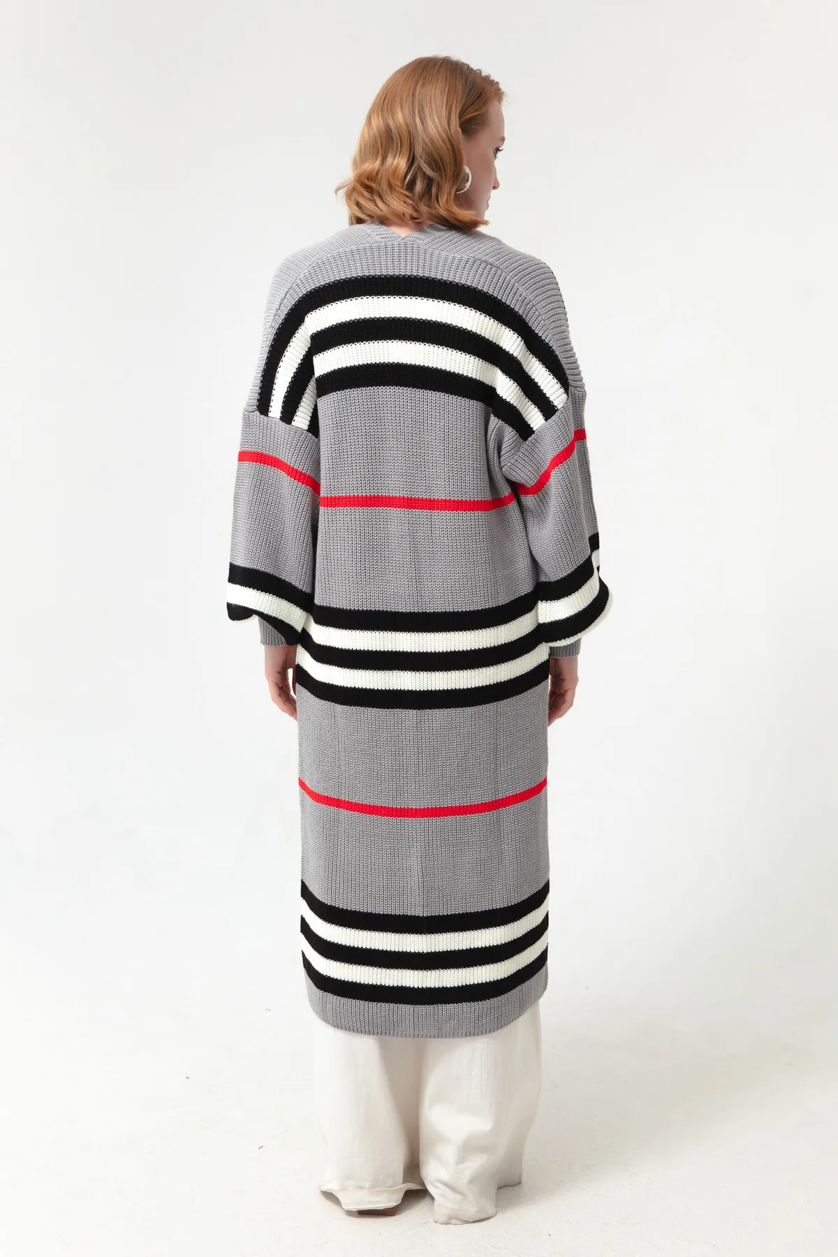 Lafaba  Grau-weißer langer Strick-Cardigan mit Ballonärmeln für Damen
