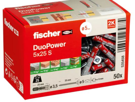 Fischer 535458 DuoPower plugue 5x25 com parafuso, pacote com 50 peças
