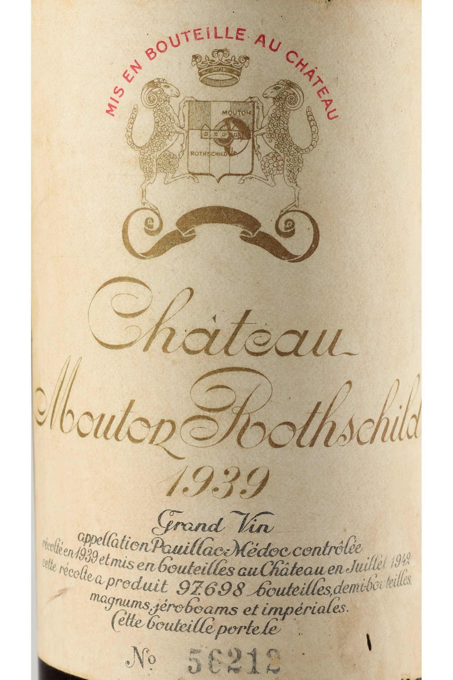 Vin 1939 CHÂTEAU MOUTON ROTHSCHILD 1939, Pauillac. Vin ancien - SoDivin